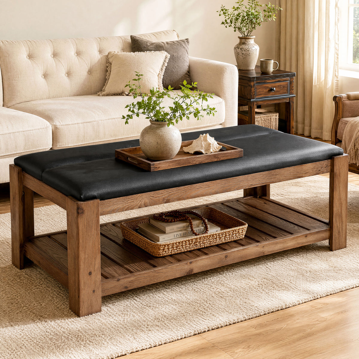 55" Solid Wood Coffee Table with PU Leather Padded Top & Storage Shelf