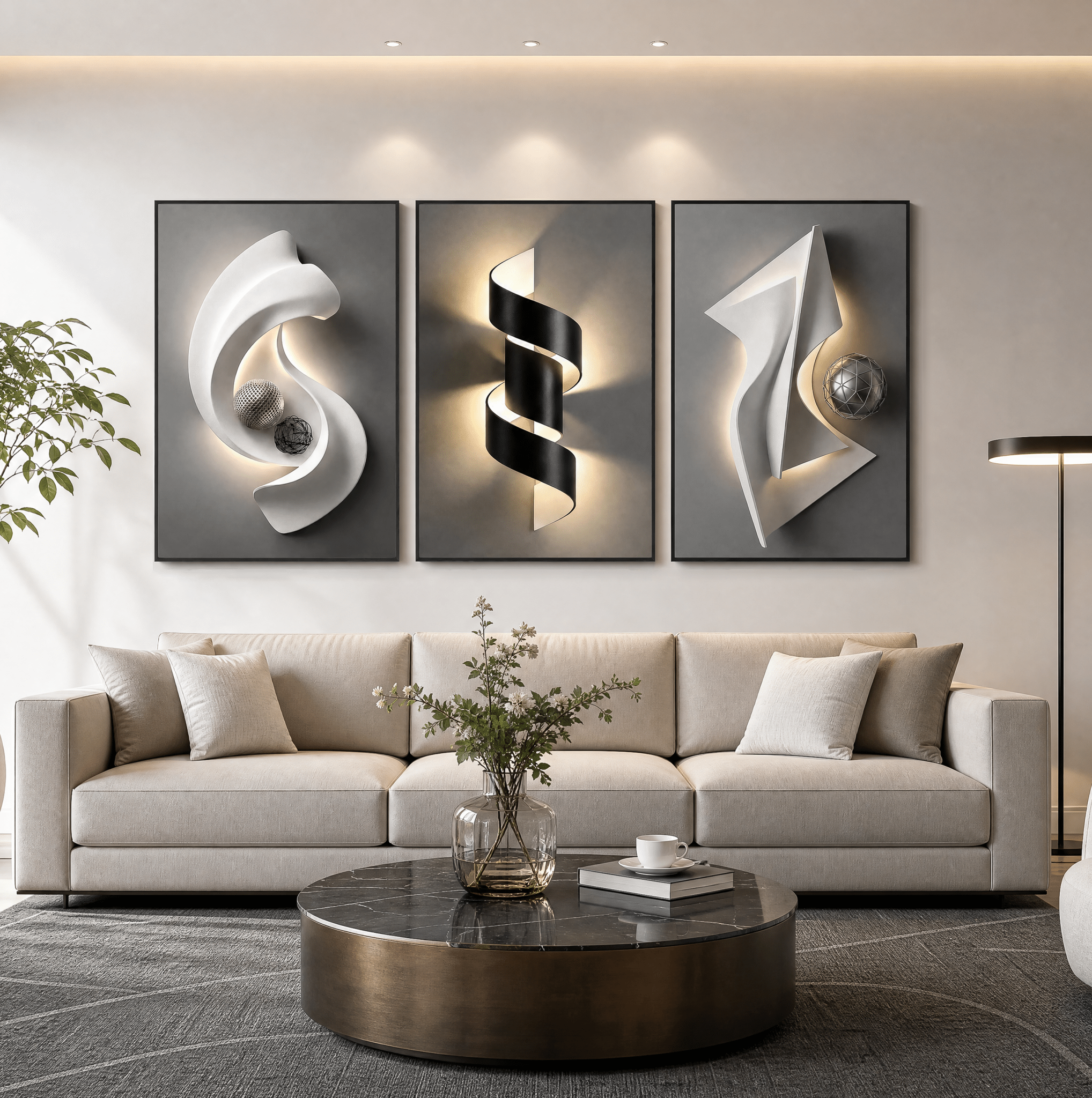 Architectural Crystal Coating Wall Art Set of 3, Large Geometric Canvas Wall Decor for Living Room