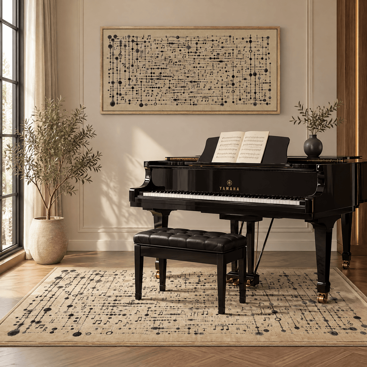Large Modern Abstract Music Canvas, Neutral Minimalist Framed Wall Art