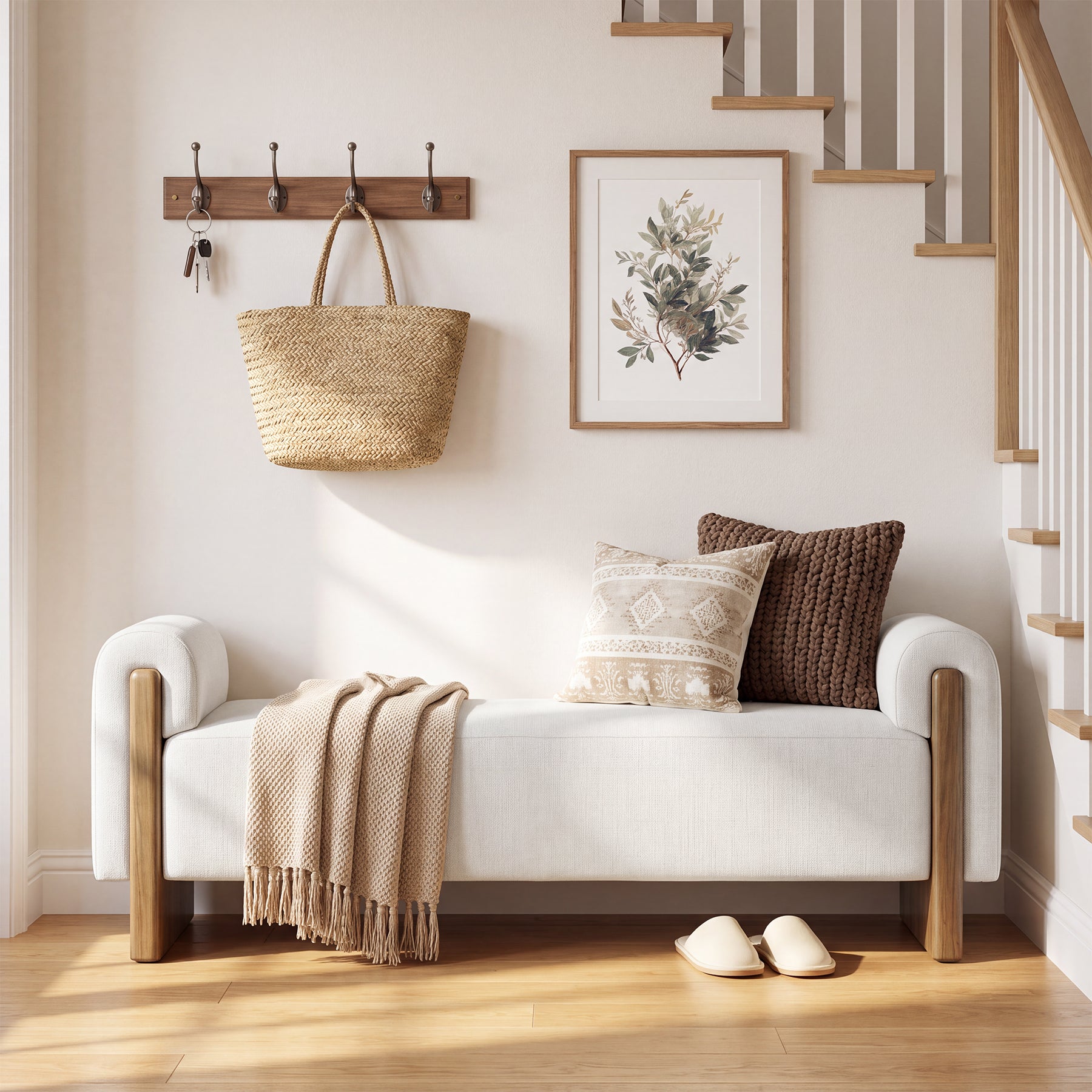 55" Upholstered Entryway Bench with Arms, Modern Cushion Seat, Solid Wood Base, Living Room