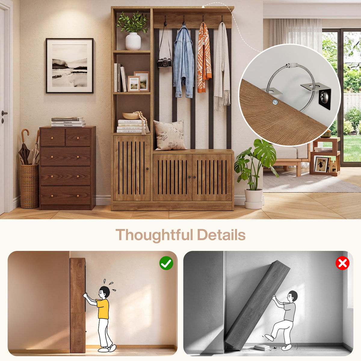 71" Mudroom Hall Tree with Shoe Storage Bench, Coat Hooks & Closed Cabinets