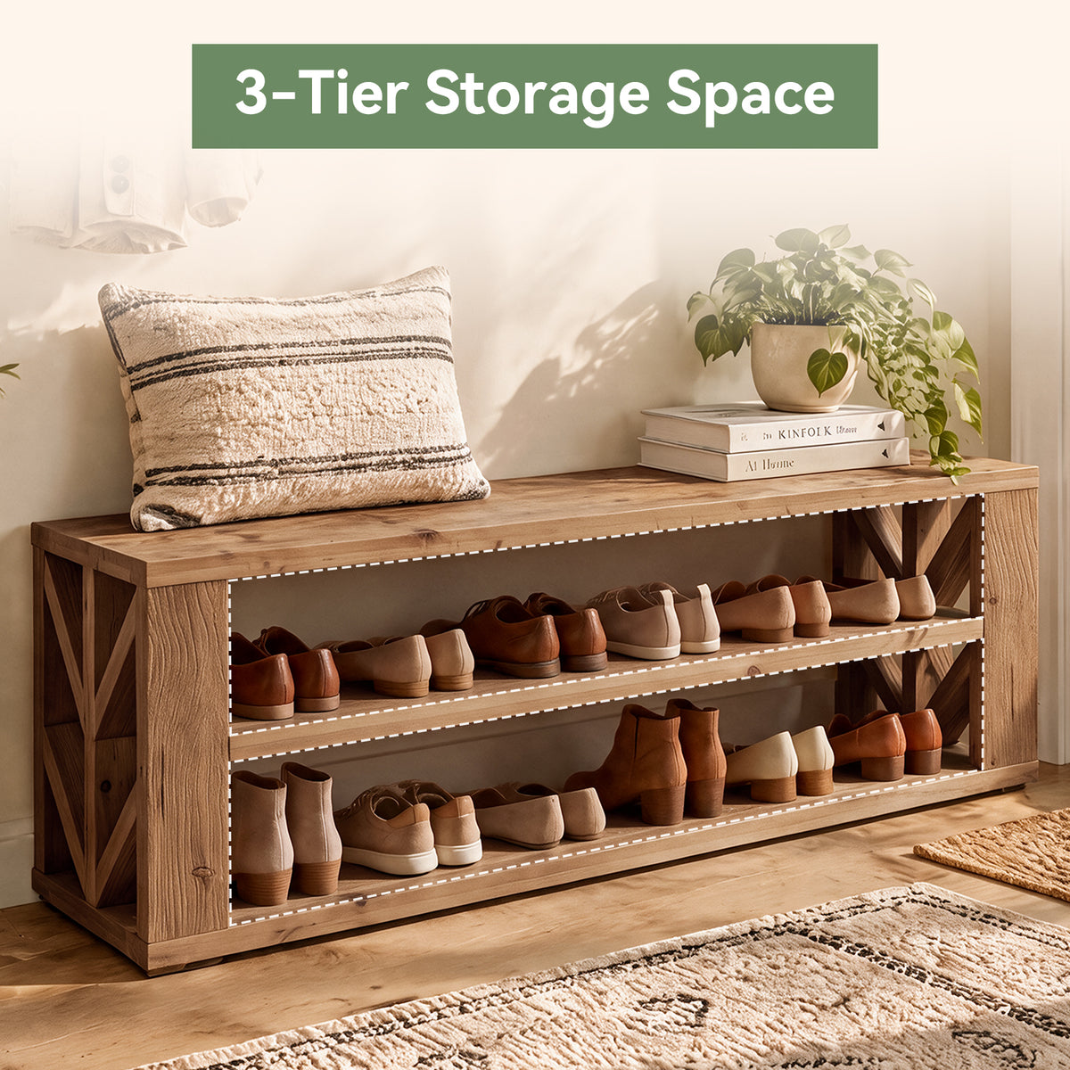 55" Solid Wood Entryway Bench, 3-Tier Storage Shoe Bench for Living Room, Hallway