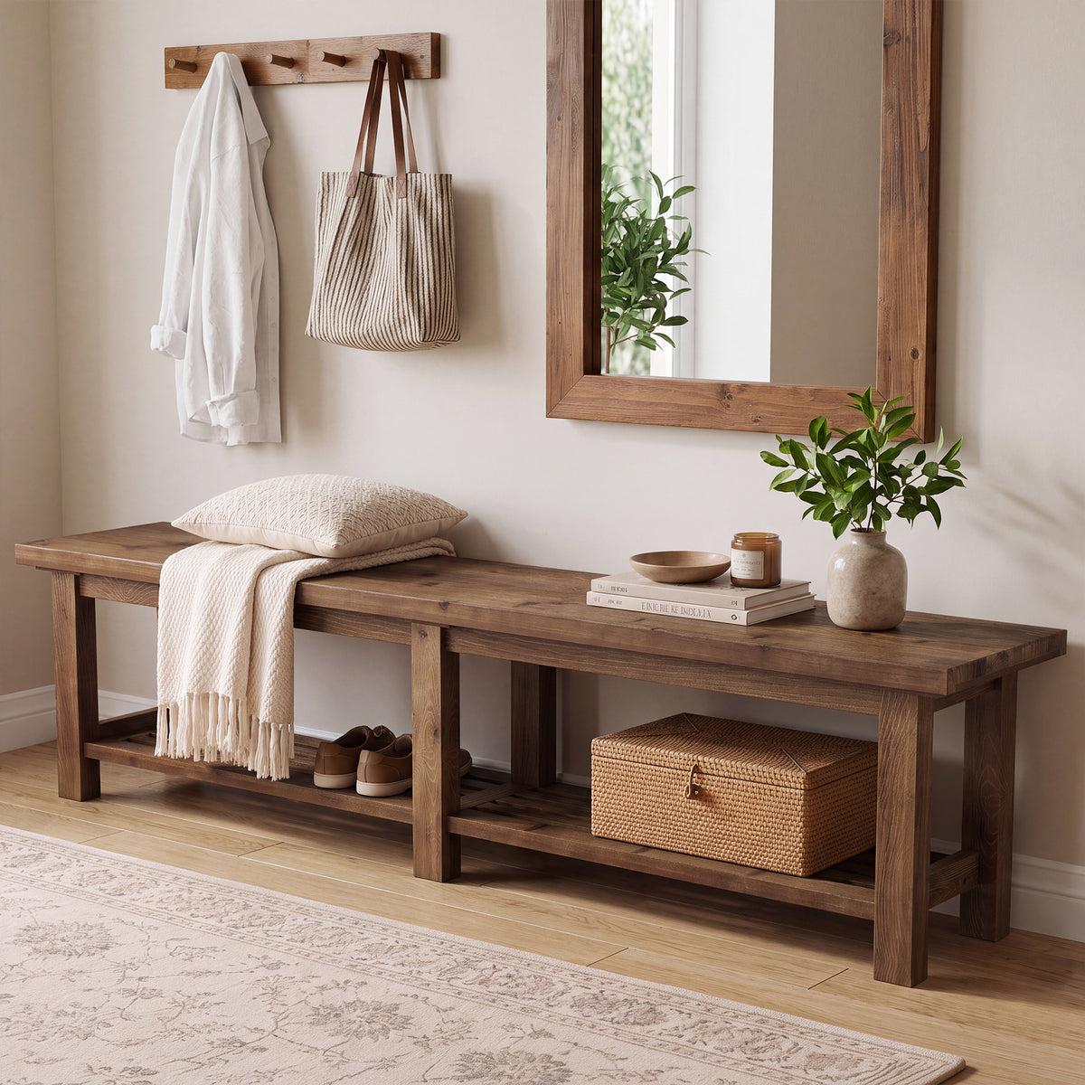 71" Solid Wood Entryway Bench, 2-Tier Shoe Bench End-of-Bed Bench with Open Storage
