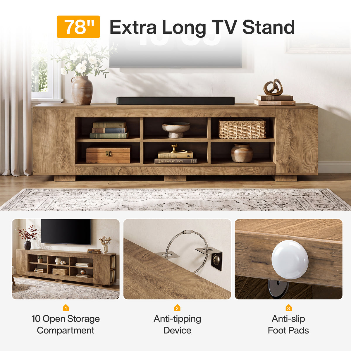 78.7" TV Stand with Open Storage Cubbies, Farmhouse Entertainment Center for TVs up to 80"