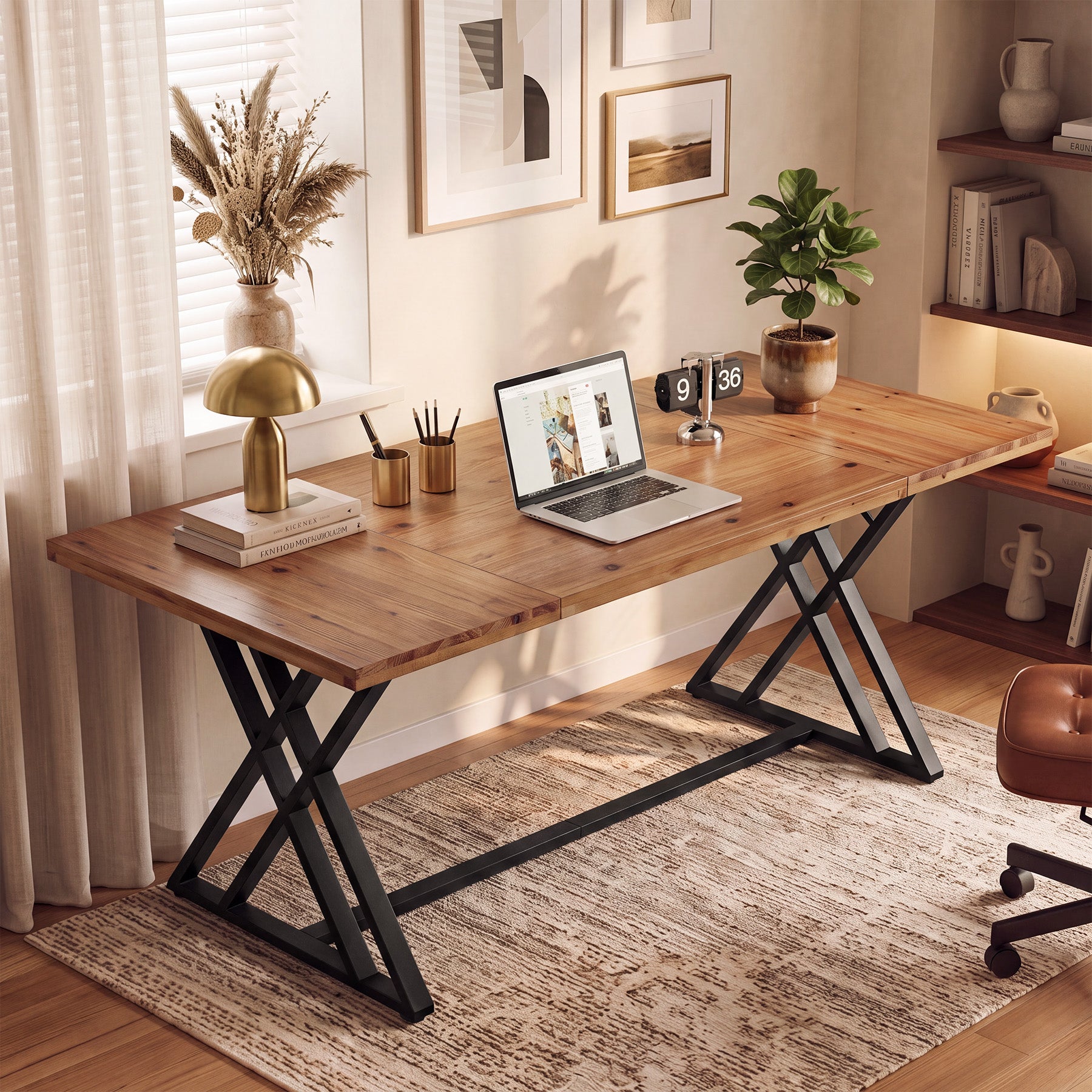 63" Solid Wood Computer Desk, Farmhouse Home Office Table with X-Shaped Metal Frame