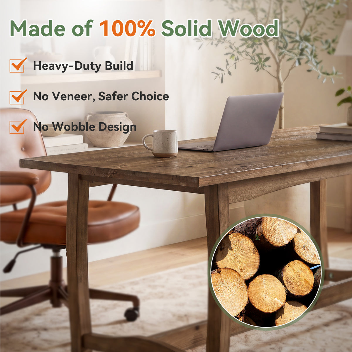 63" Solid Wood Executive Desk, Farmhouse Computer Desk with Reinforced Trestle Base