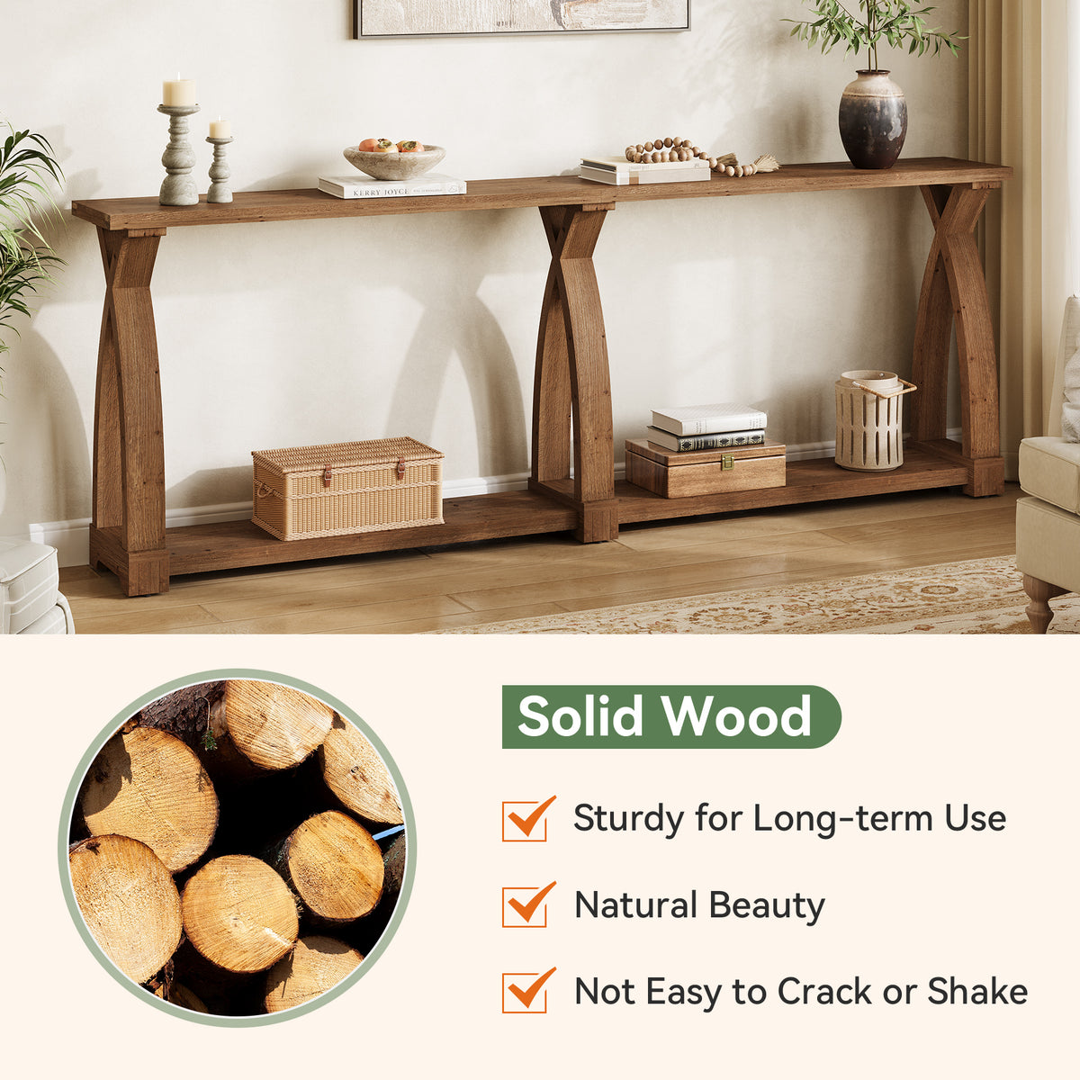 79" Solid Wood Console Table, Narrow 2-Tier Entryway Table with Shelf
