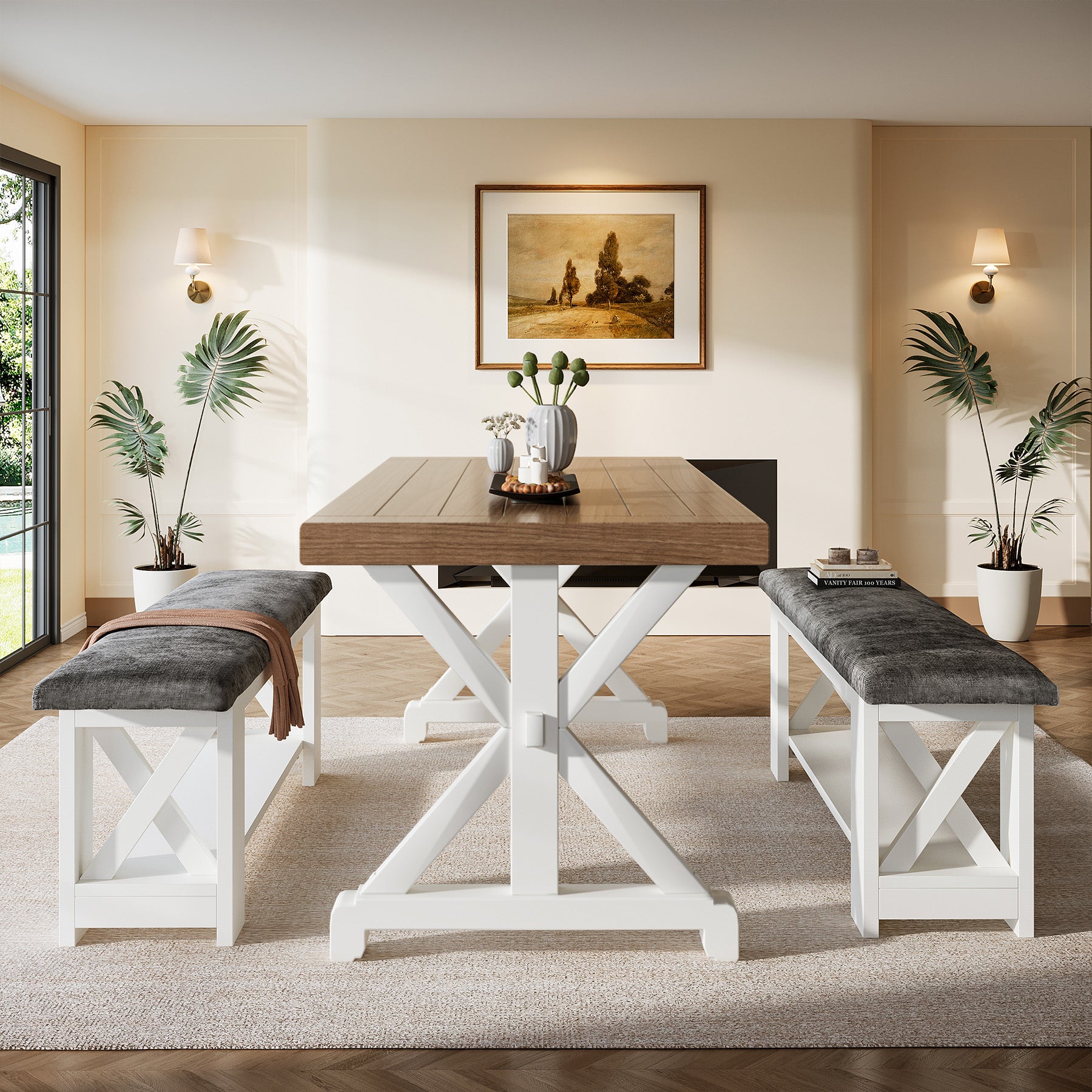 47.24" Upholstered Dining Bench, 2-Tier Kitchen Table Stool Cushion Seat