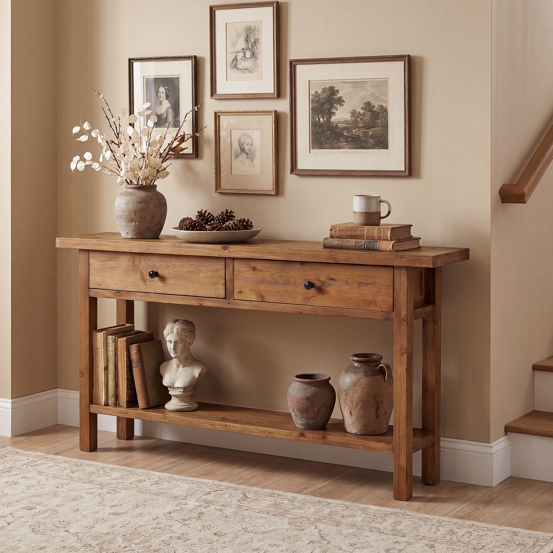 63" Solid Wood Console Table, Narrow Sofa Entryway Table with 2 Drawers and Shelf