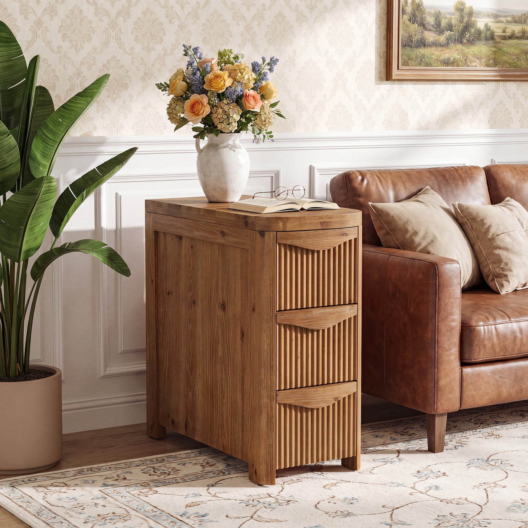 Solid Wood End Table with 3 Drawers, 24" Farmhouse Side Table for Small Spaces