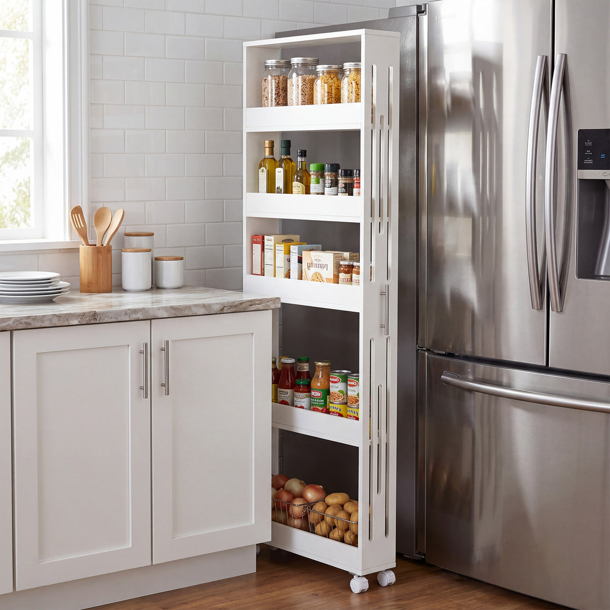 65" Slim Storage Cart on Wheels, 5-Tier Kitchen Cart Skinny Utility Mobile Shelf Organizer