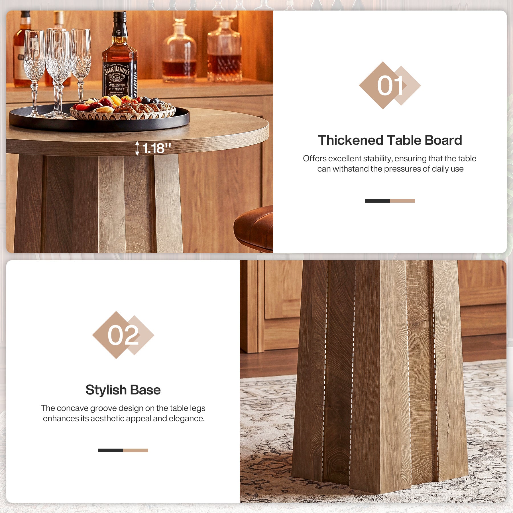 Round Bar Table, 31.5" Bistro Pub Table with Fluted Pedestal Base for Small Spaces