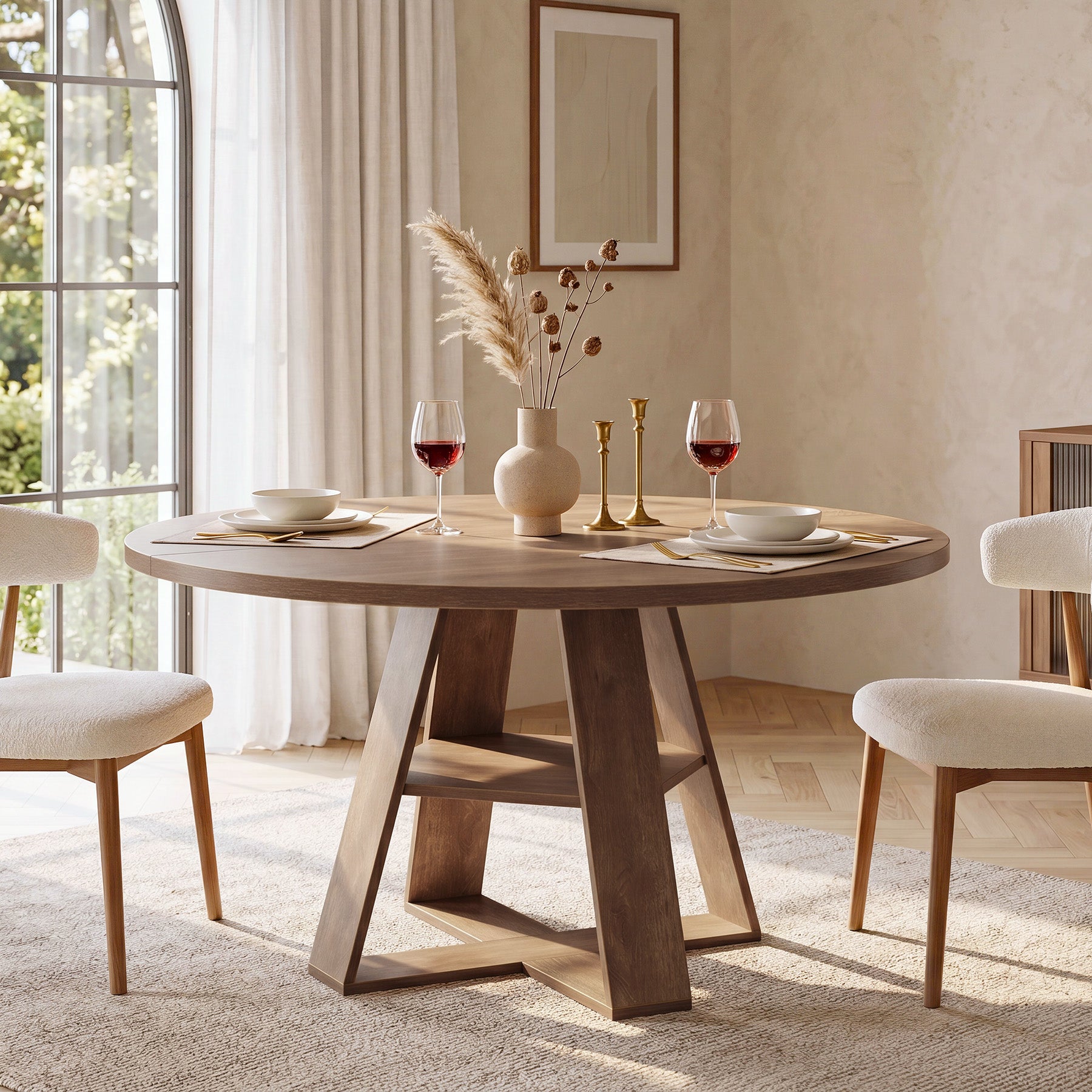 47.24" Round Dining Table for 4-6, Farmhouse Kitchen Table with Storage Shelf & X-Cross Base