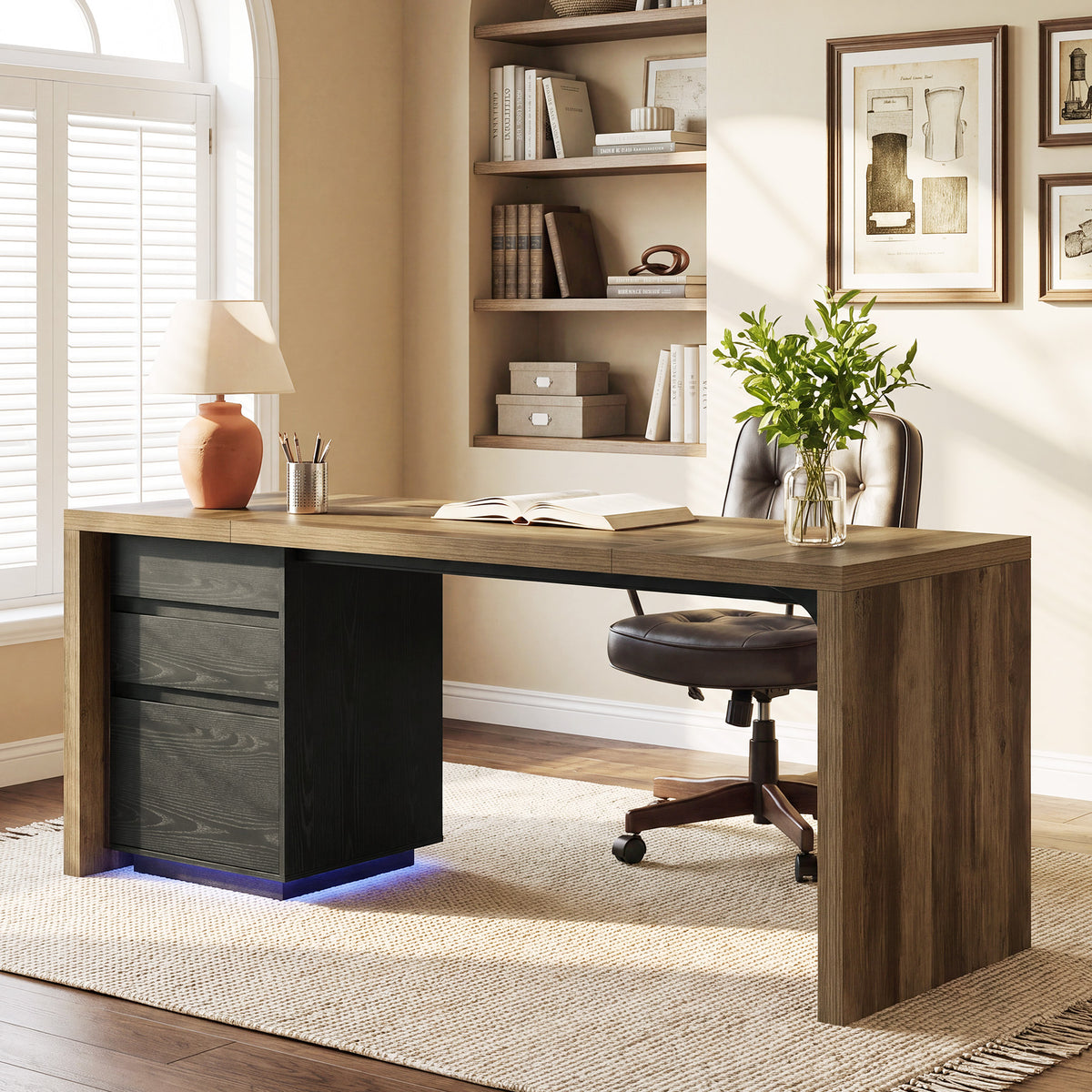 79" Modern Executive Desk with 3 Drawers & RGB Lights, Double Computer Desk