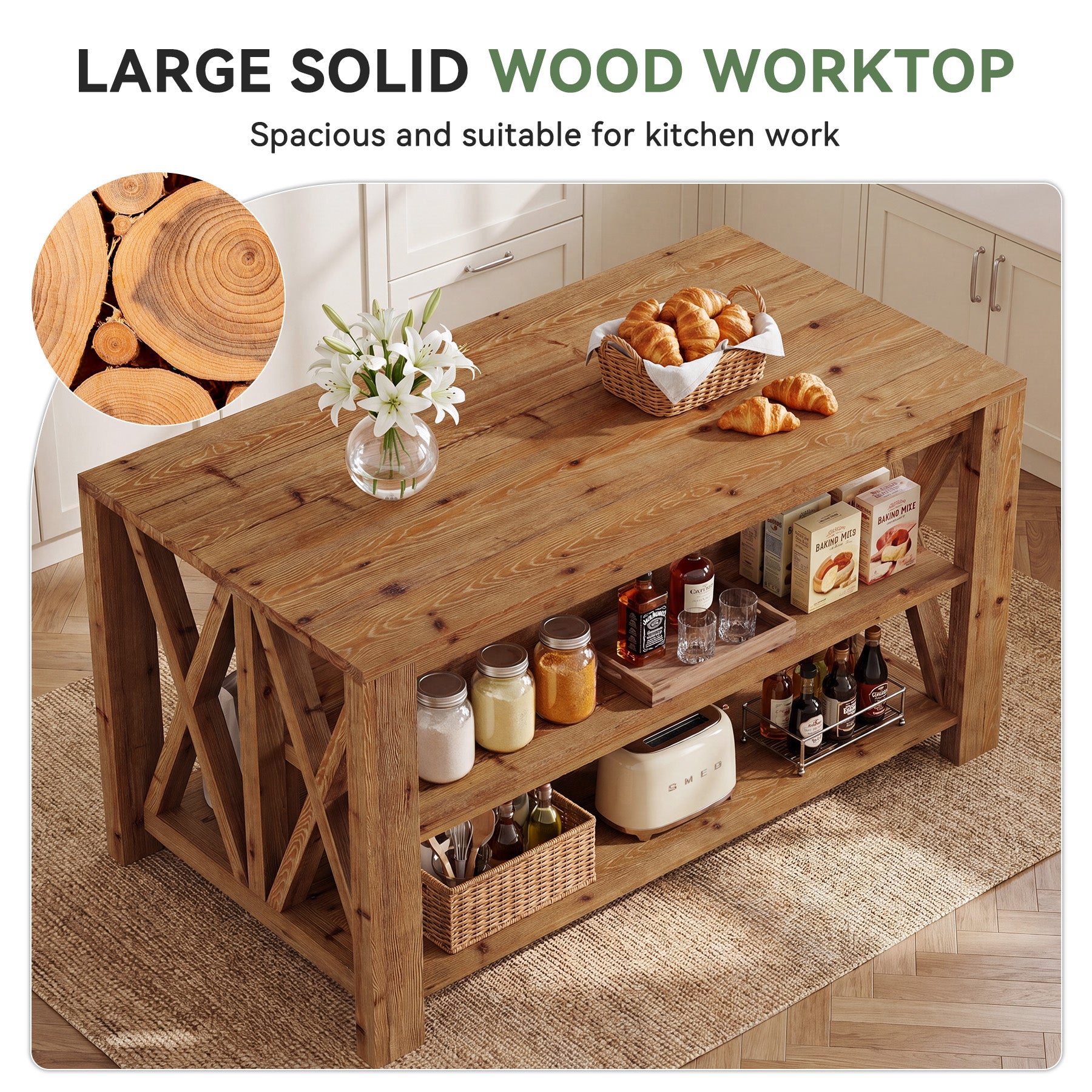 55" Solid Wood Kitchen Island, 3-Tier Stationary Storage Table For Kitchen Dining Room