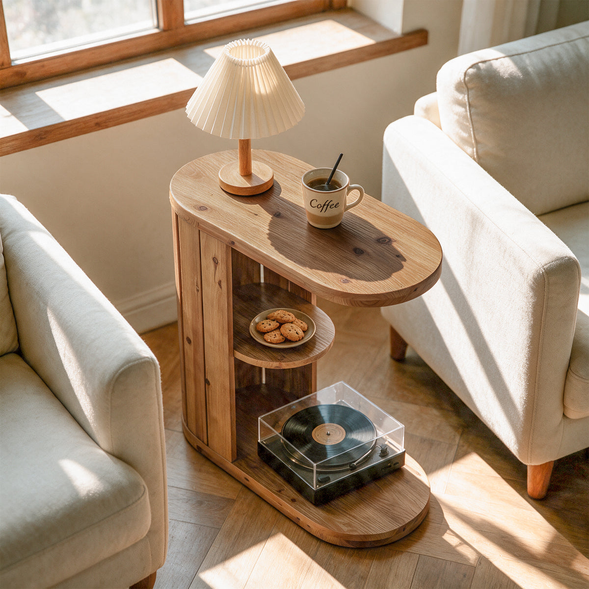 Rustic Solid Wood C-Shaped Side Table with Storage, Narrow Sofa End Table