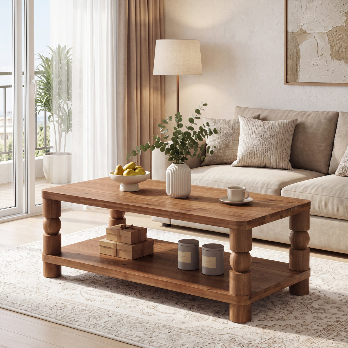 47" Farmhouse Solid Wood Coffee Table, 2-Tier Storage, Living Room