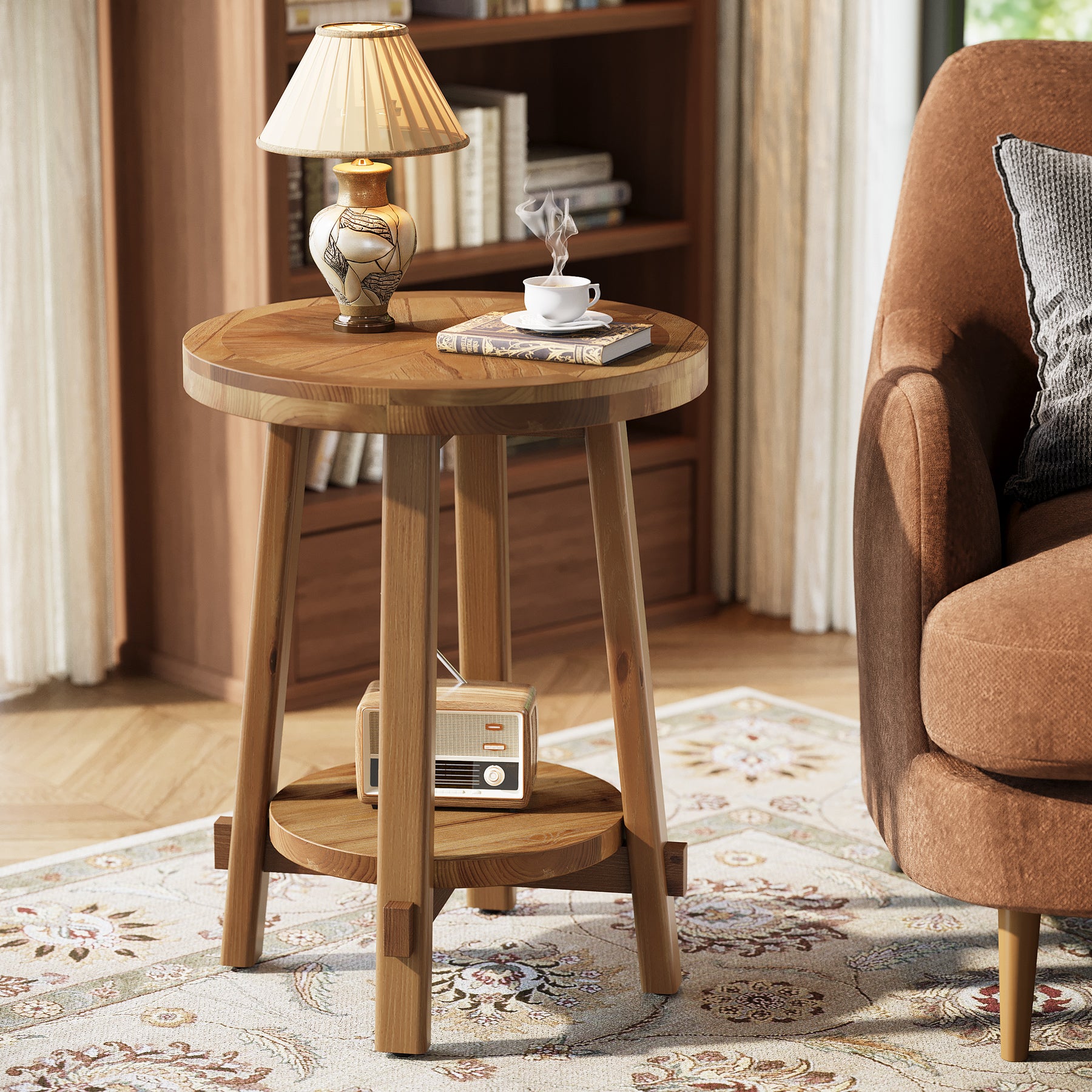 19.6" Round End Table, Solid Wood Side Table with 2-Tier Storage