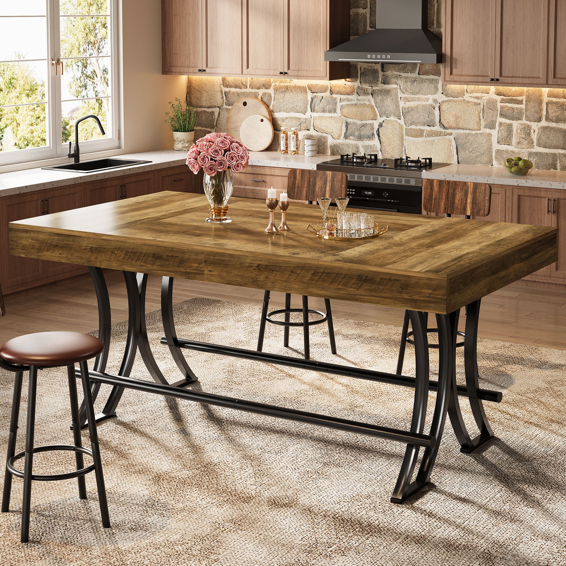 63" Bar Pub Table, Counter Height Kitchen Dining Table with Metal Footrest