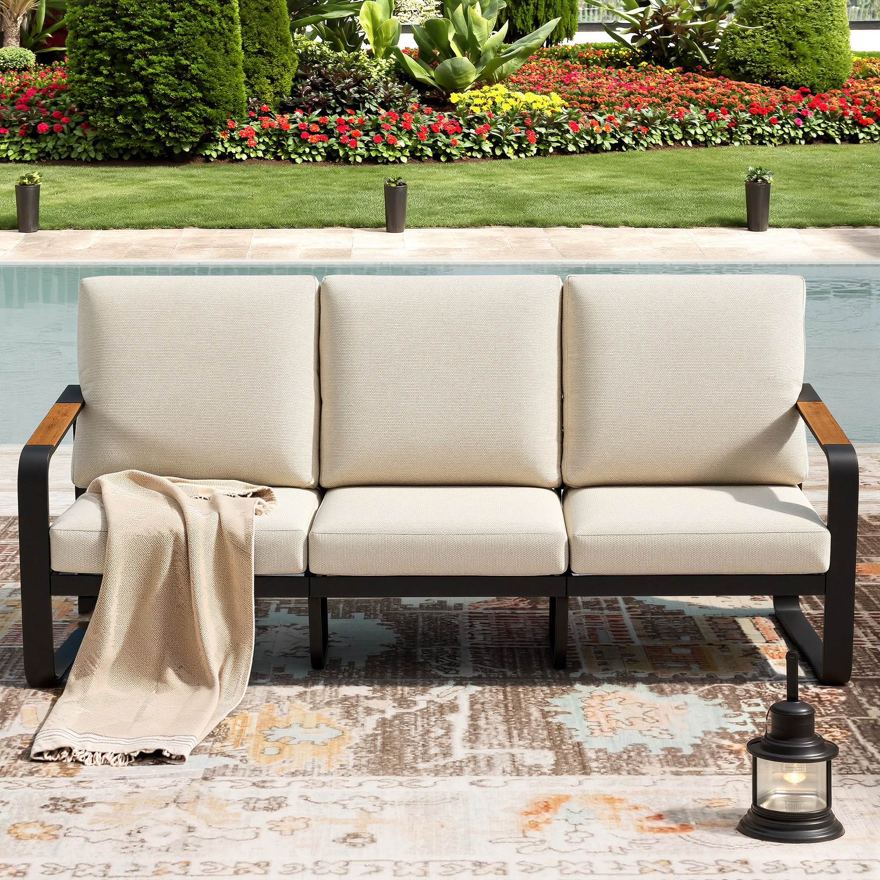 78.7" Wide Outdoor Bench, 3-Person Patio Sofa with Removable Cushions