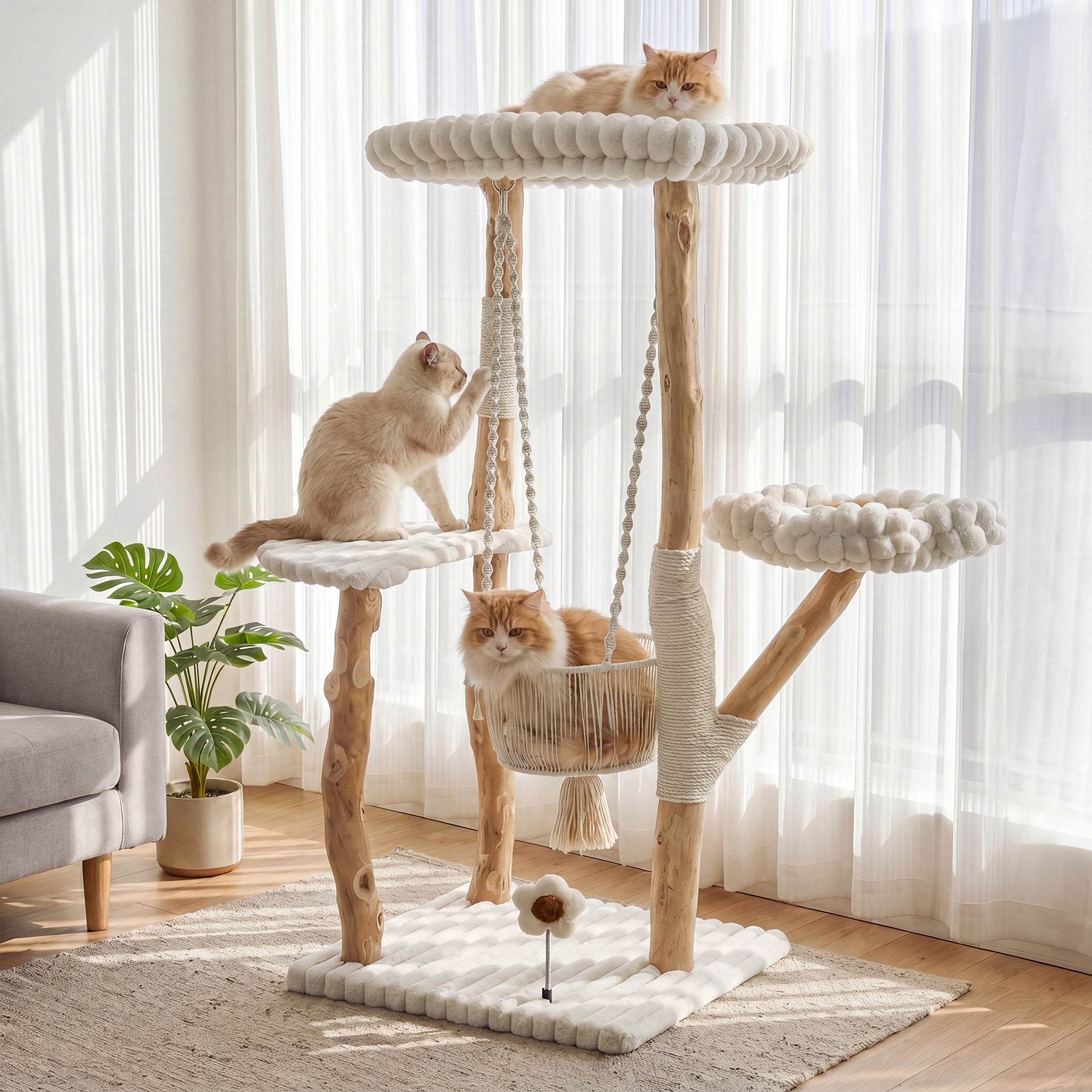 51" Solid Wood Cat Tree with Scratching Posts, Cat Tower with Swinging Basket, Washable Cushion, Dangling Toy
