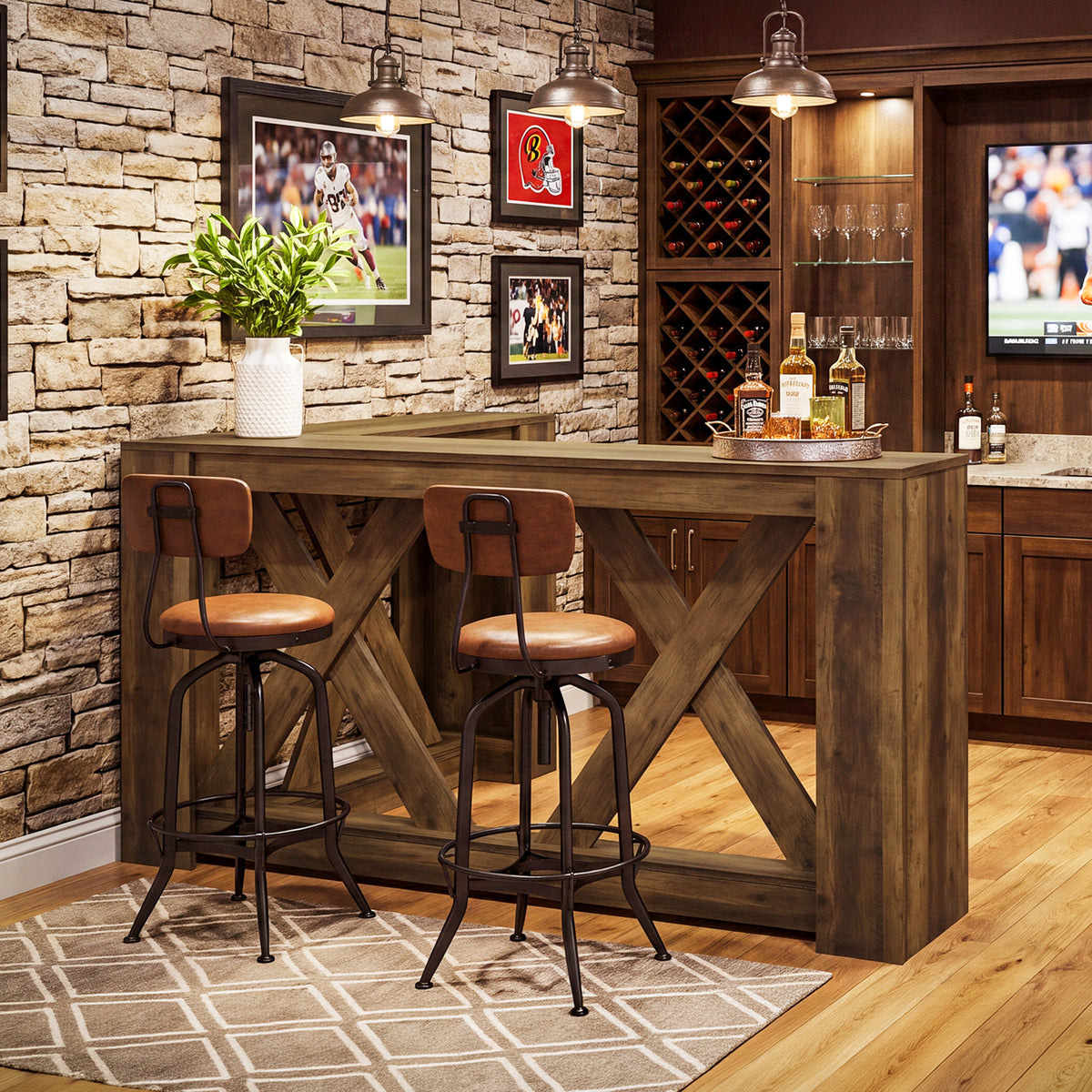 63" L-Shaped Bar Table, X-Cross Frame, Farmhouse Corner Pub Table