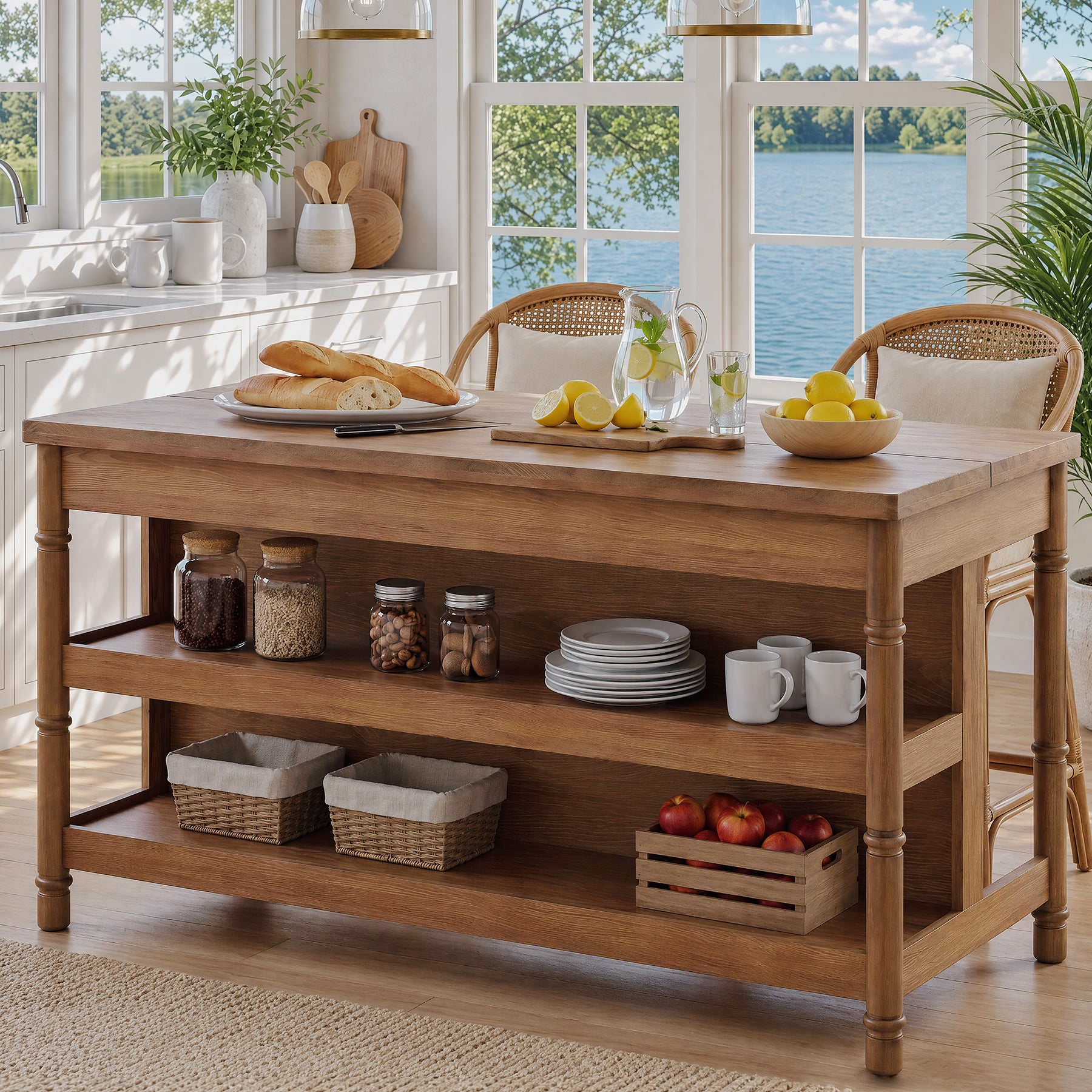 63" Kitchen Island Table with Storage & Seating, Farmhouse Wood Island with 3-Tier Shelves