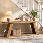 63" Solid Wood Console Table, Farmhouse Sofa Table with 2-Tier Open Shelf for Entryway 3