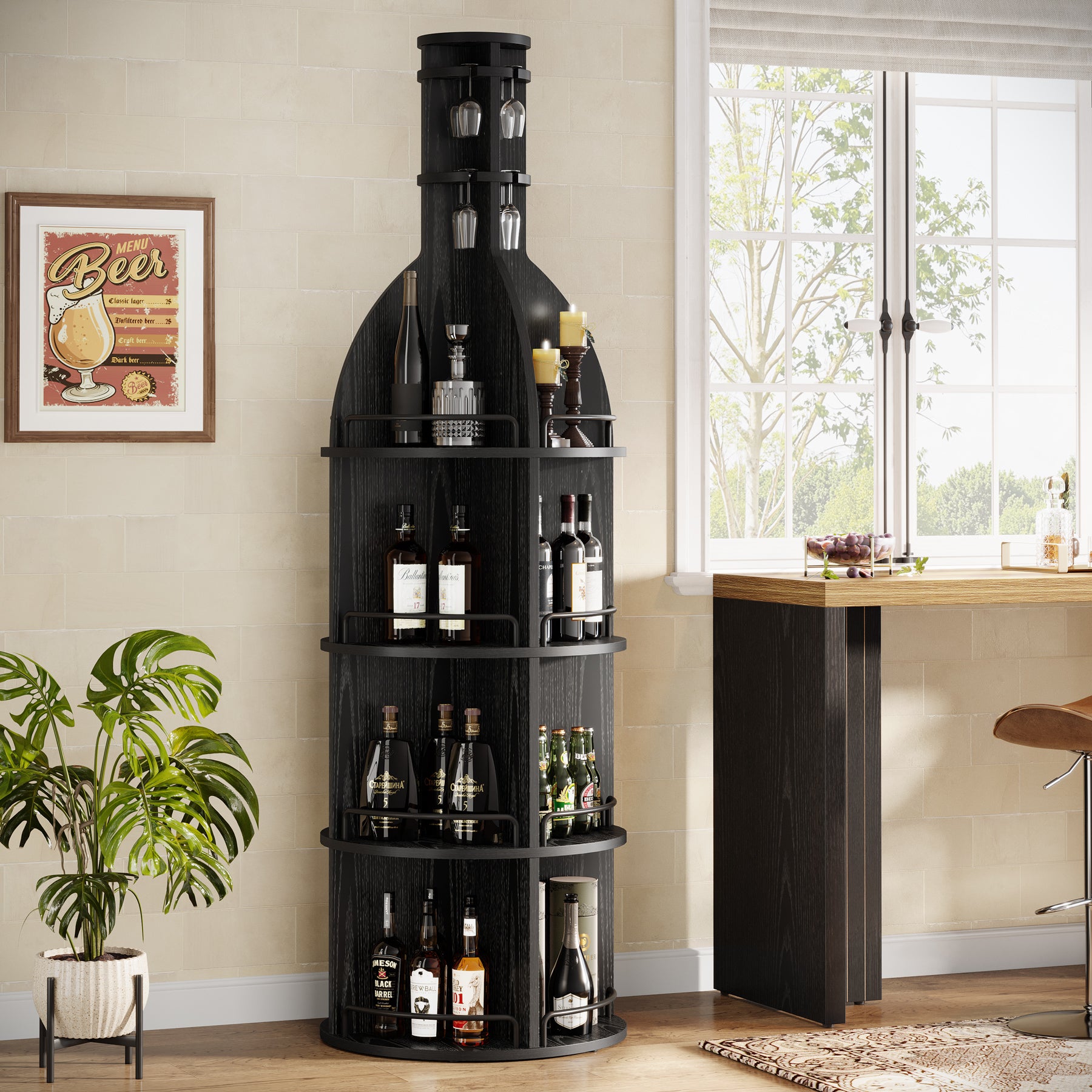 75" Wine Rack with Shelves, Round Wine Cabinet with Hanging Goblet Holder (No Lights)
