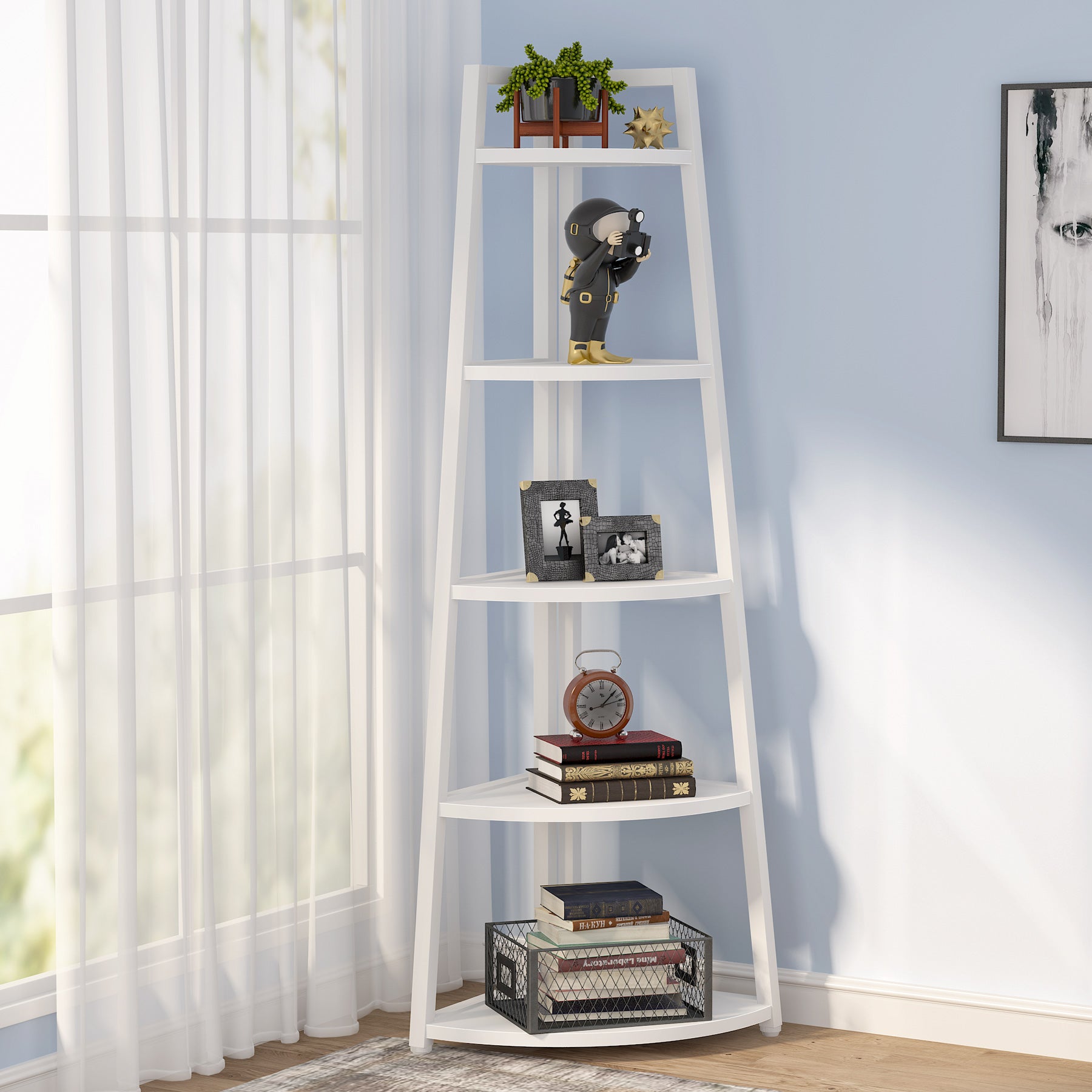 5-Tier Corner Bookshelf, 70" Tall Corner Shelves Plant Stand