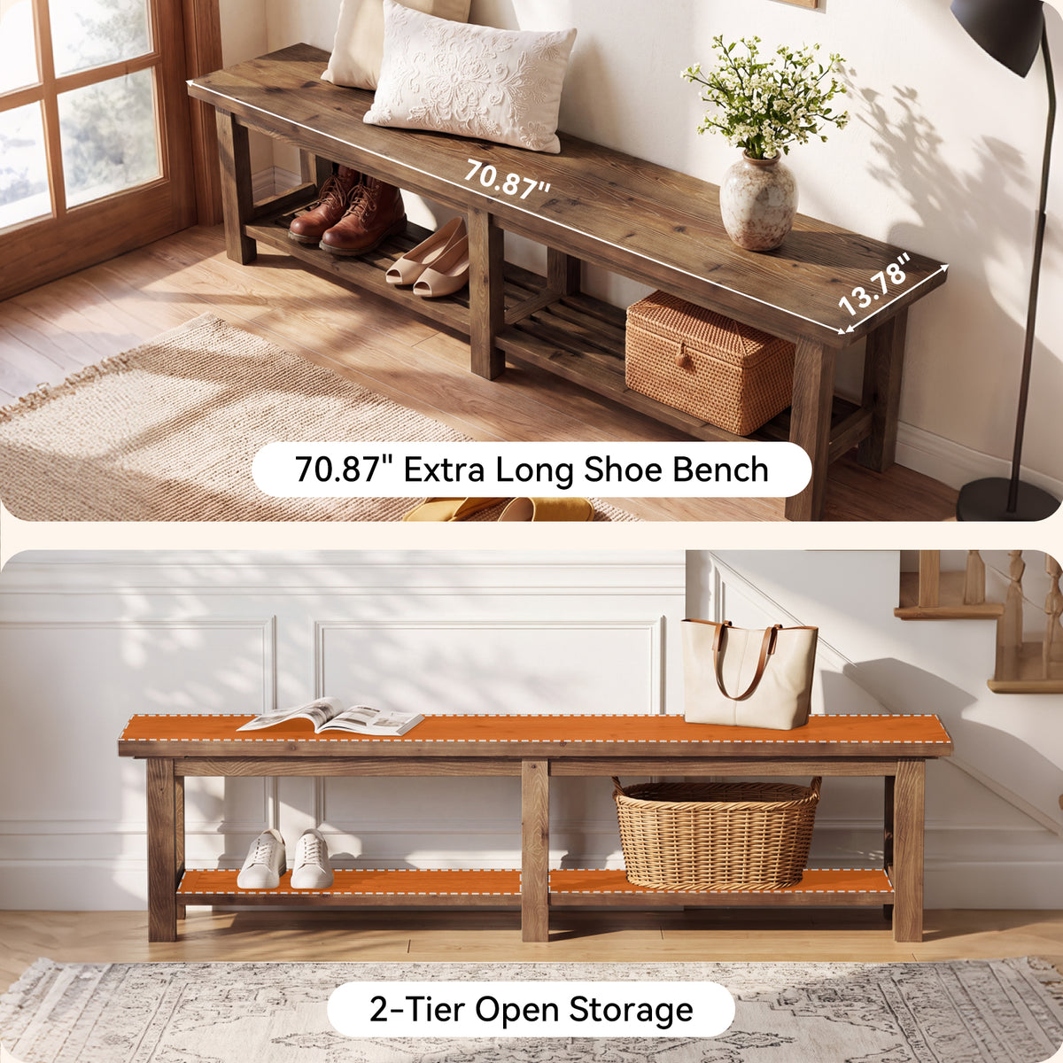 71" Solid Wood Entryway Bench, 2-Tier Shoe Bench End-of-Bed Bench with Open Storage