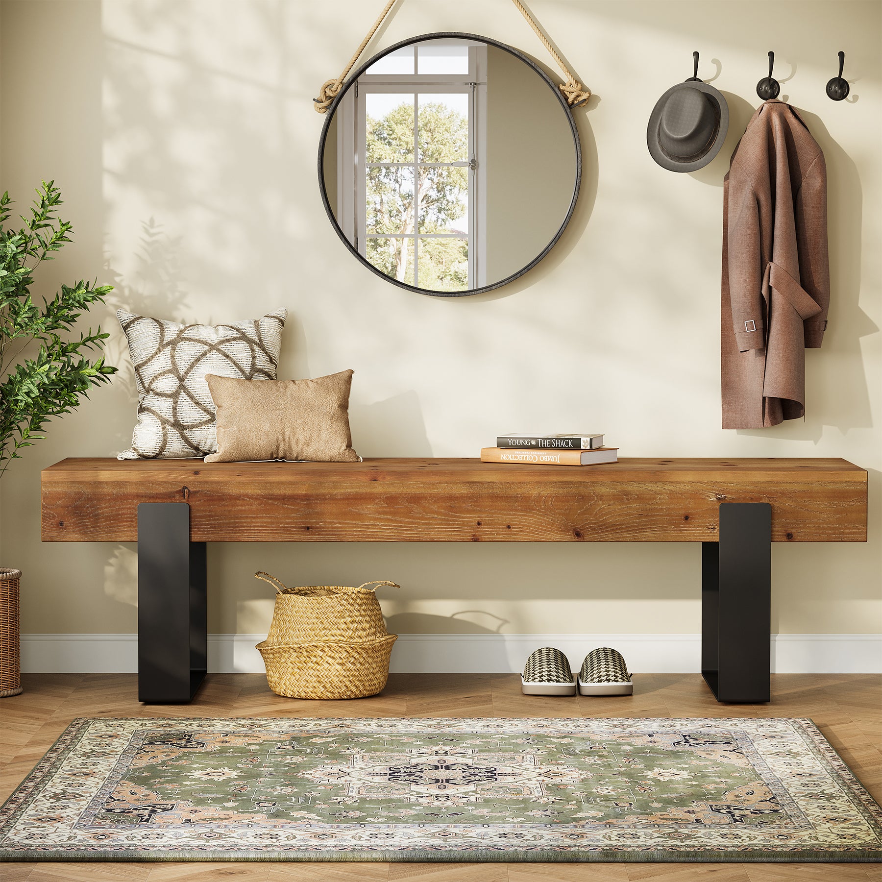 63" Industrial Entryway Bench, Farmhouse Wood Shoe Bench End of Bed Stool with Metal Legs