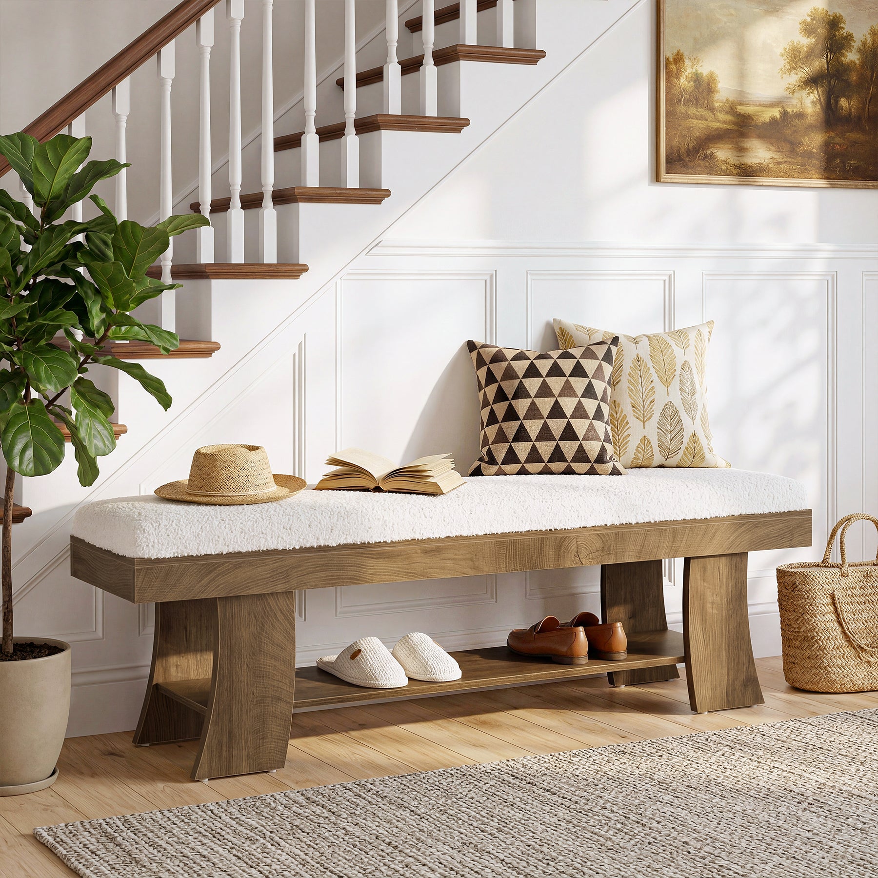 59" Upholstered Entryway Bench, Cushioned Shoe Bench Seat with Storage Shelf