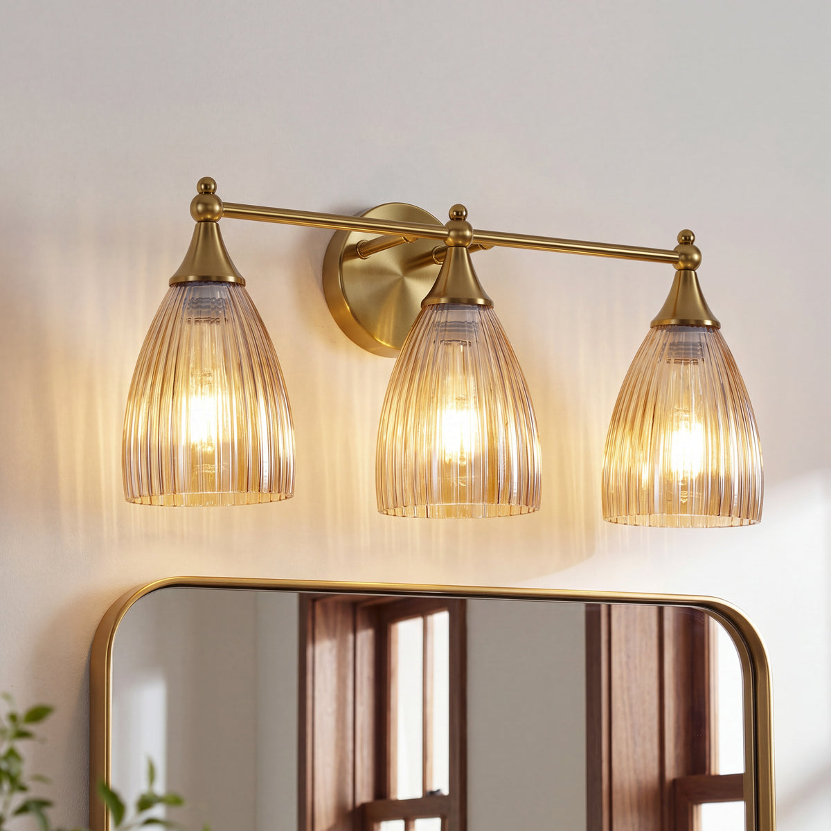 3-Light 22" Bathroom Vanity Light, Brushed Brass Wall Sconce with Amber Glass