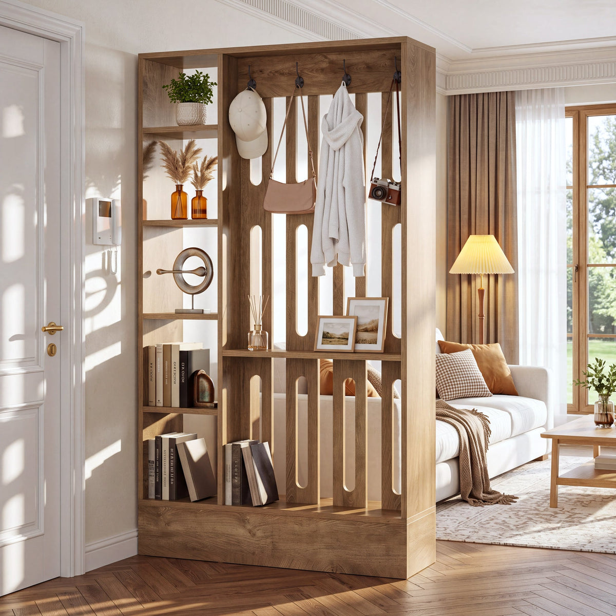 71" Room Divider with Shelves, 5-Cube & 4 Hooks, Freestanding Modern Wall Partition