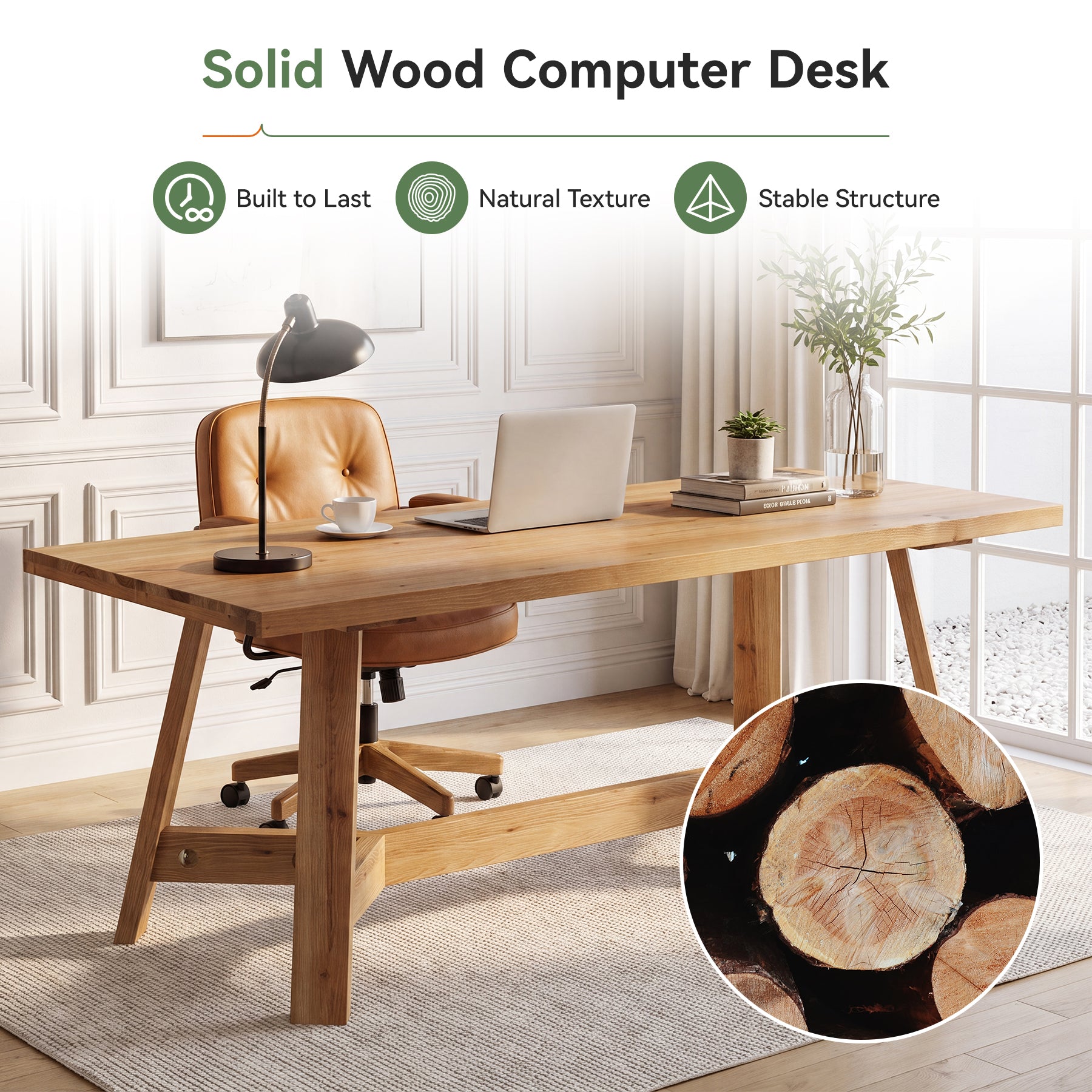 63" Solid Wood Computer Desk, Rectangular Executive Desk Study Table for Home Office