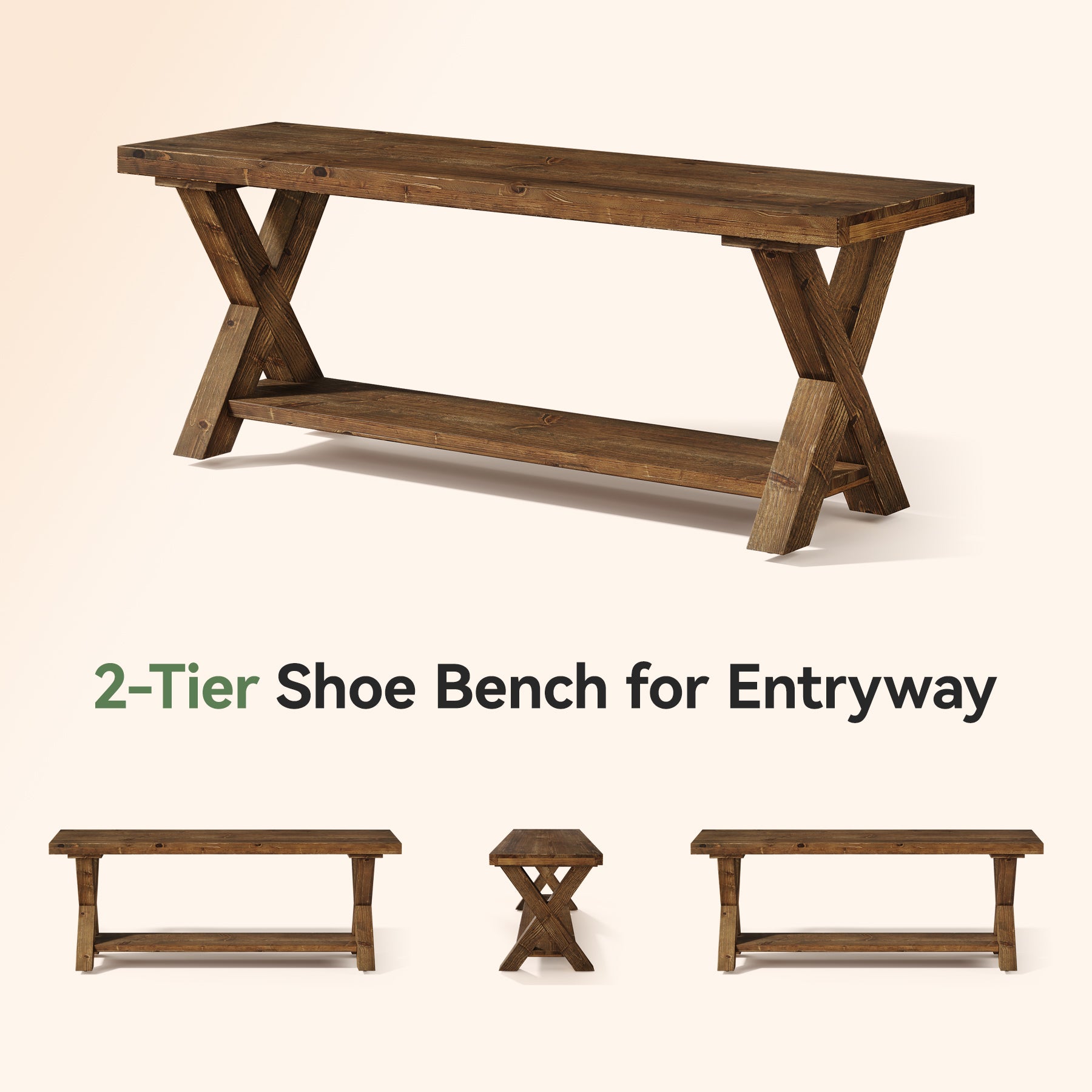 43.3" Solid Wood Bench, Farmhouse Entryway Bench with Storage Shelf