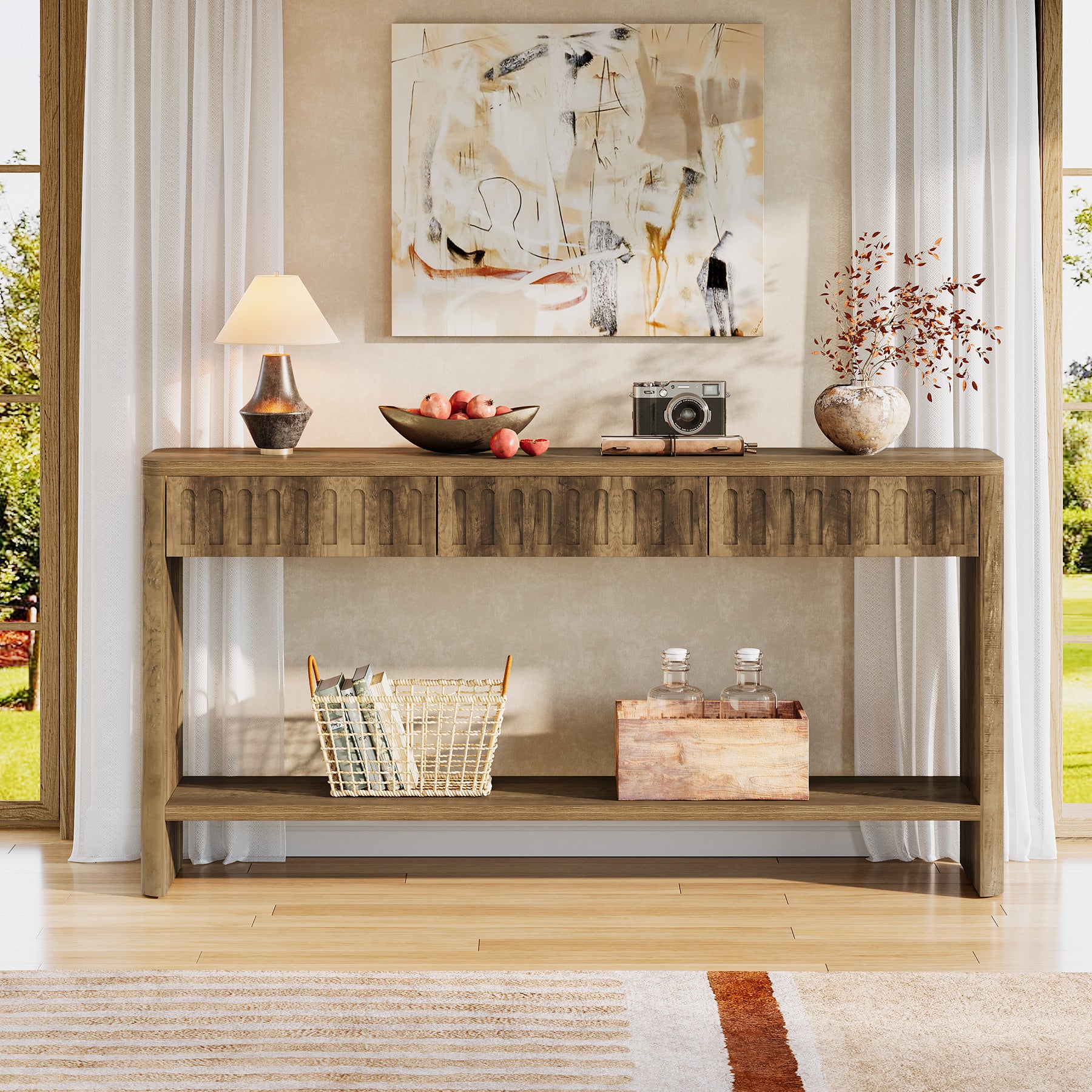 63" Rustic Fluted Console Table, Wood Entryway Table  with 3 Drawers for Living Room