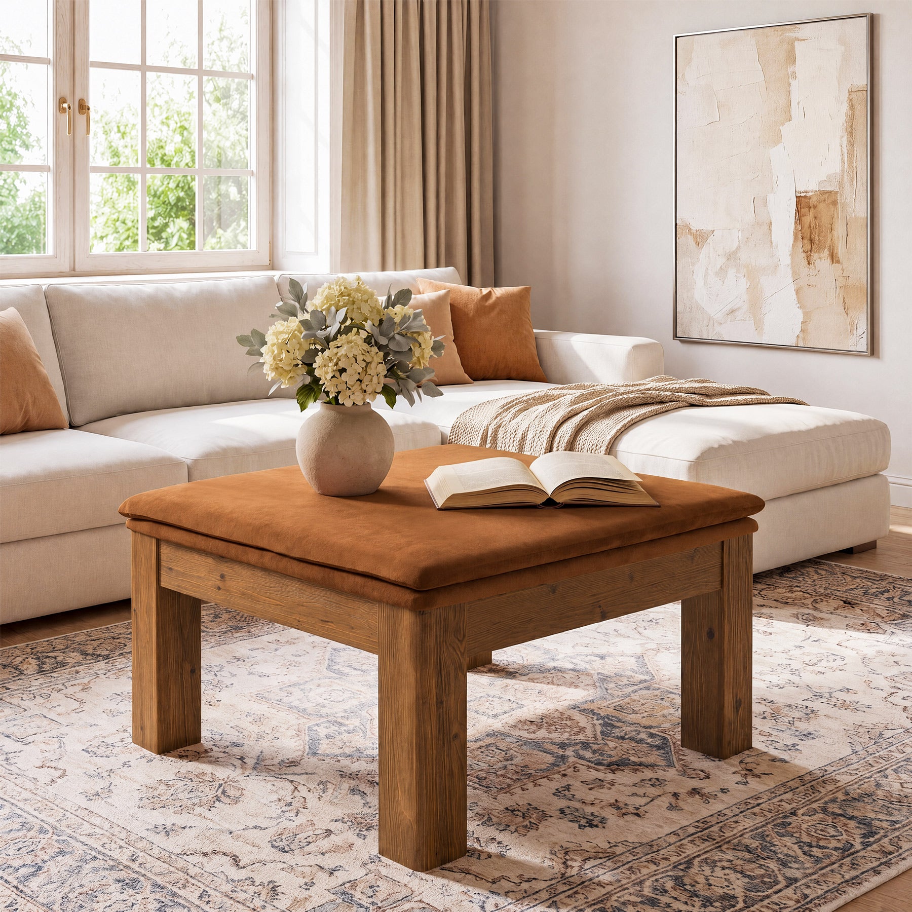 32.28" Square Coffee Table with Solid Wood Frame & Removable Velvet Cushion