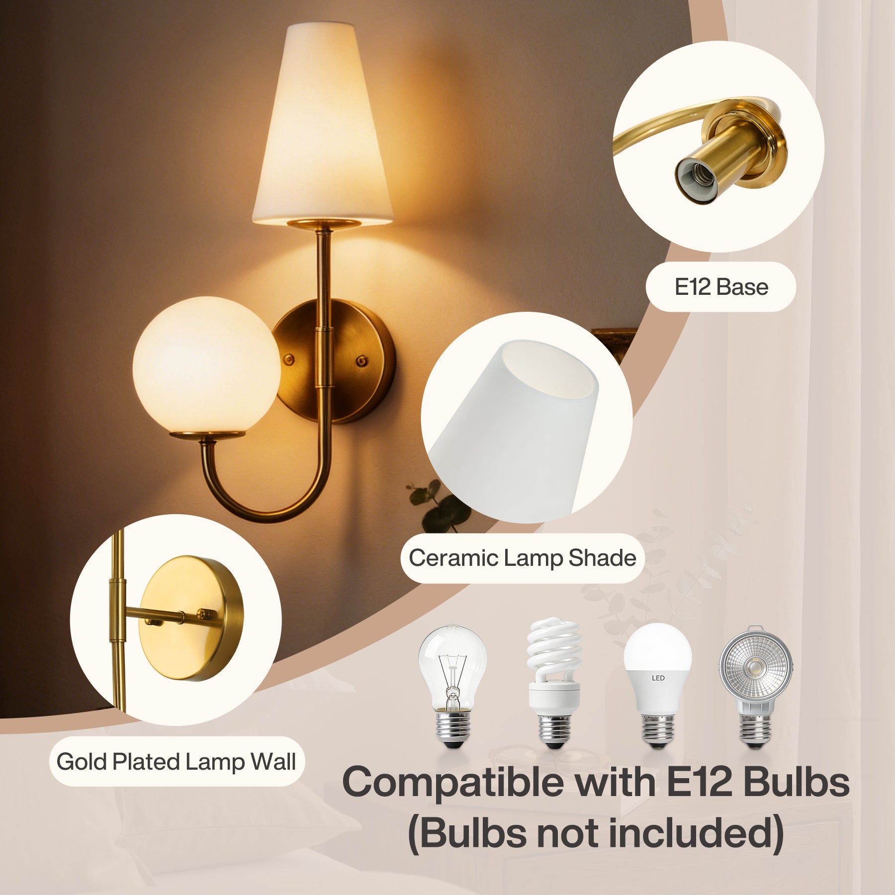 Double-Headed Wall Sconce, Elegant Wall Lamp Light Fixtures with Glass Shade