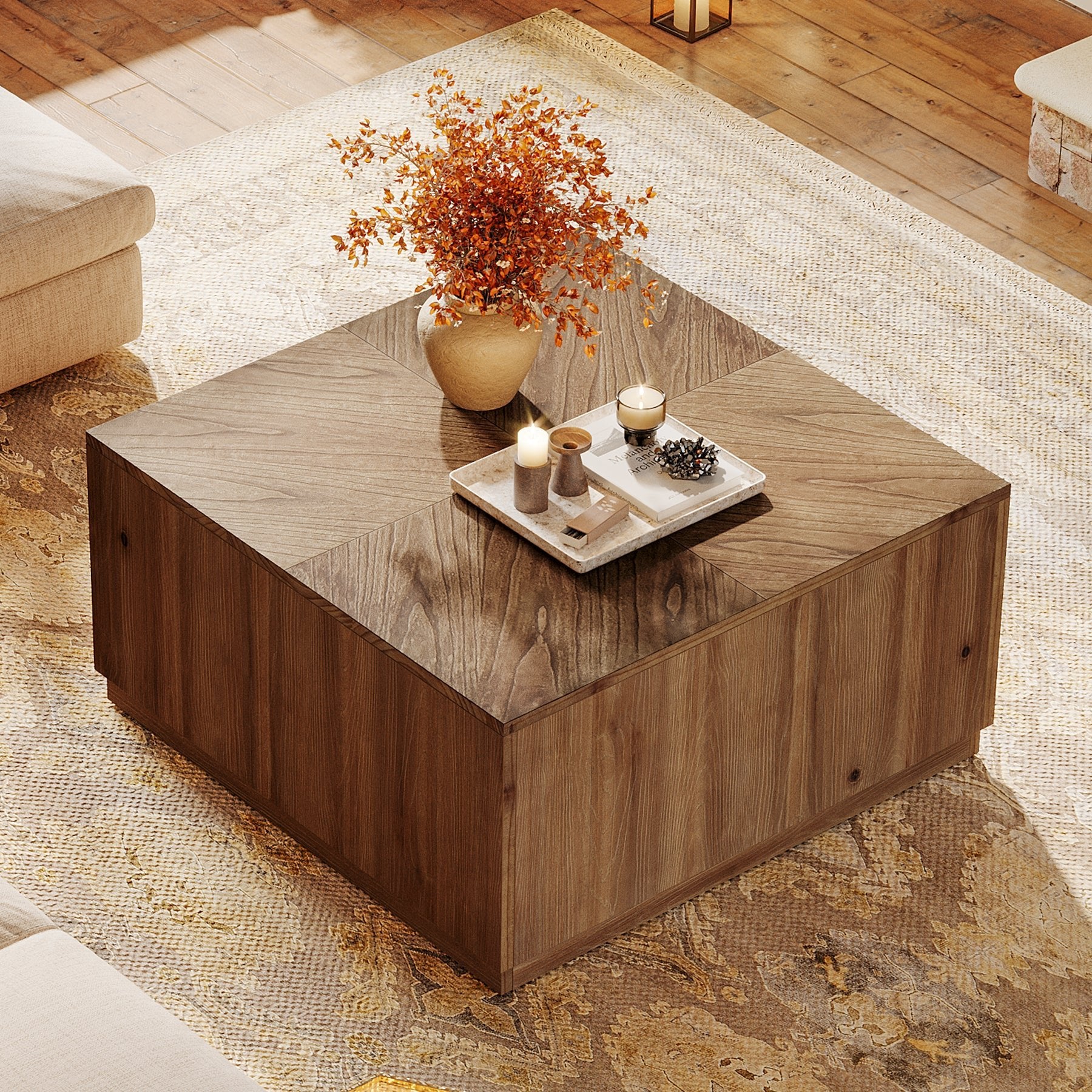 31.5" Solid Wood Coffee Table, Square Center Cocktail Table with Parquet Top