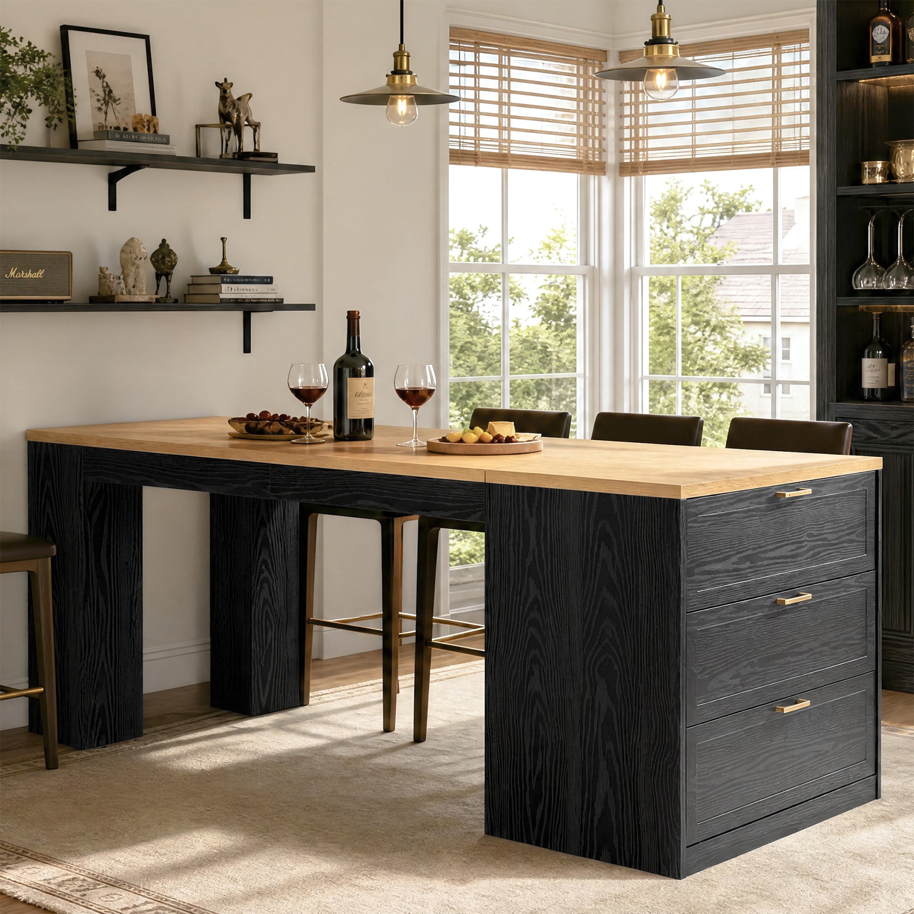 79" Extra Long Bar Table with 3 Drawers, Modern Two-Tone Counter Height Table