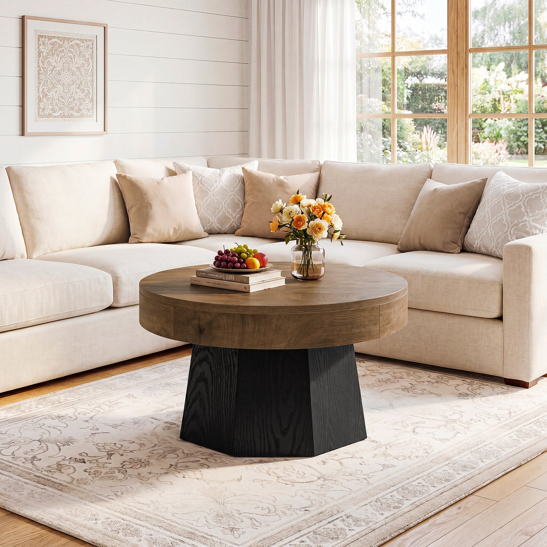 31.5" Round Coffee Table, octagonal base Tea Table for Living Room