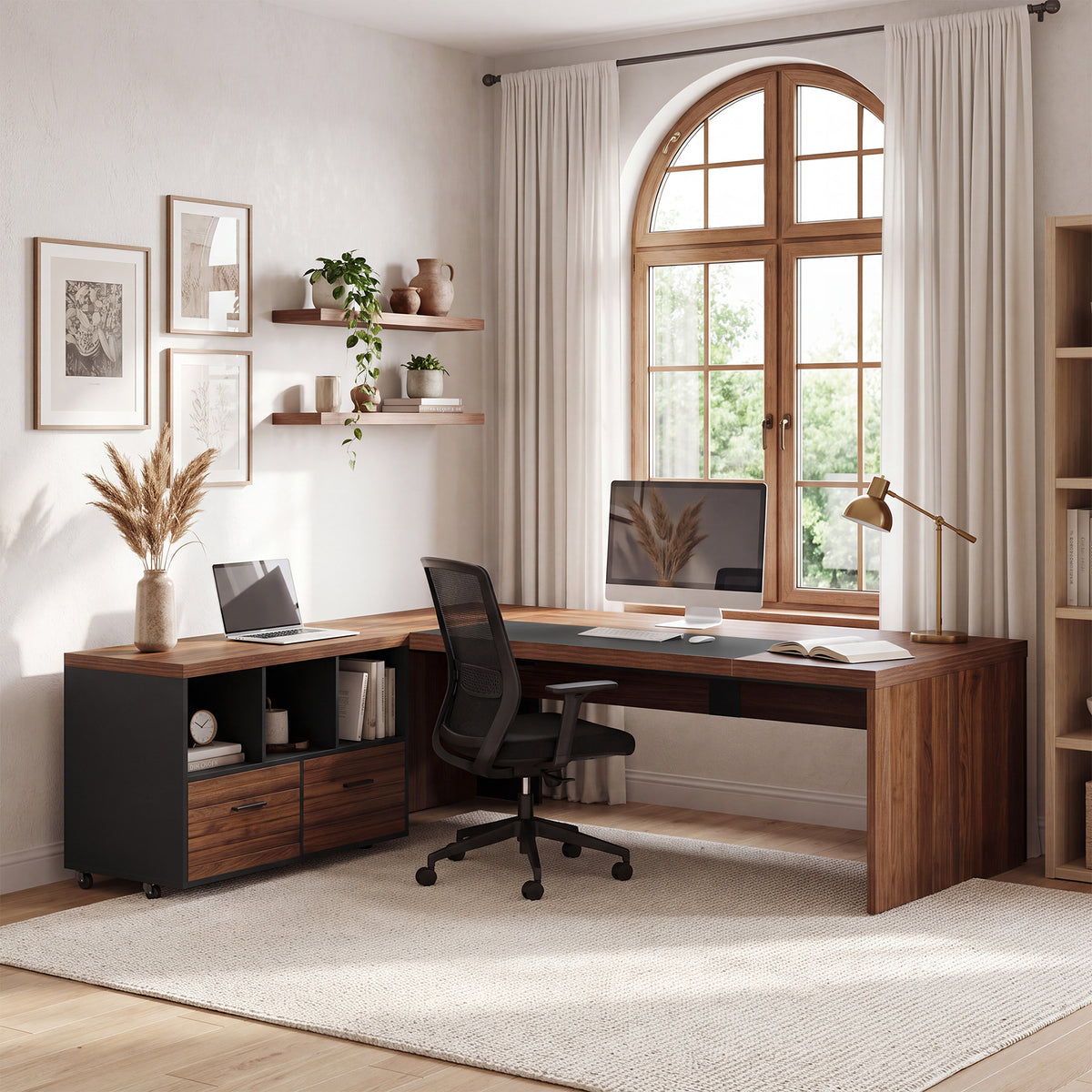 L-Shaped Executive Desk, 71" Reversible Computer Desk with Mobile File Cabinet & Shelves