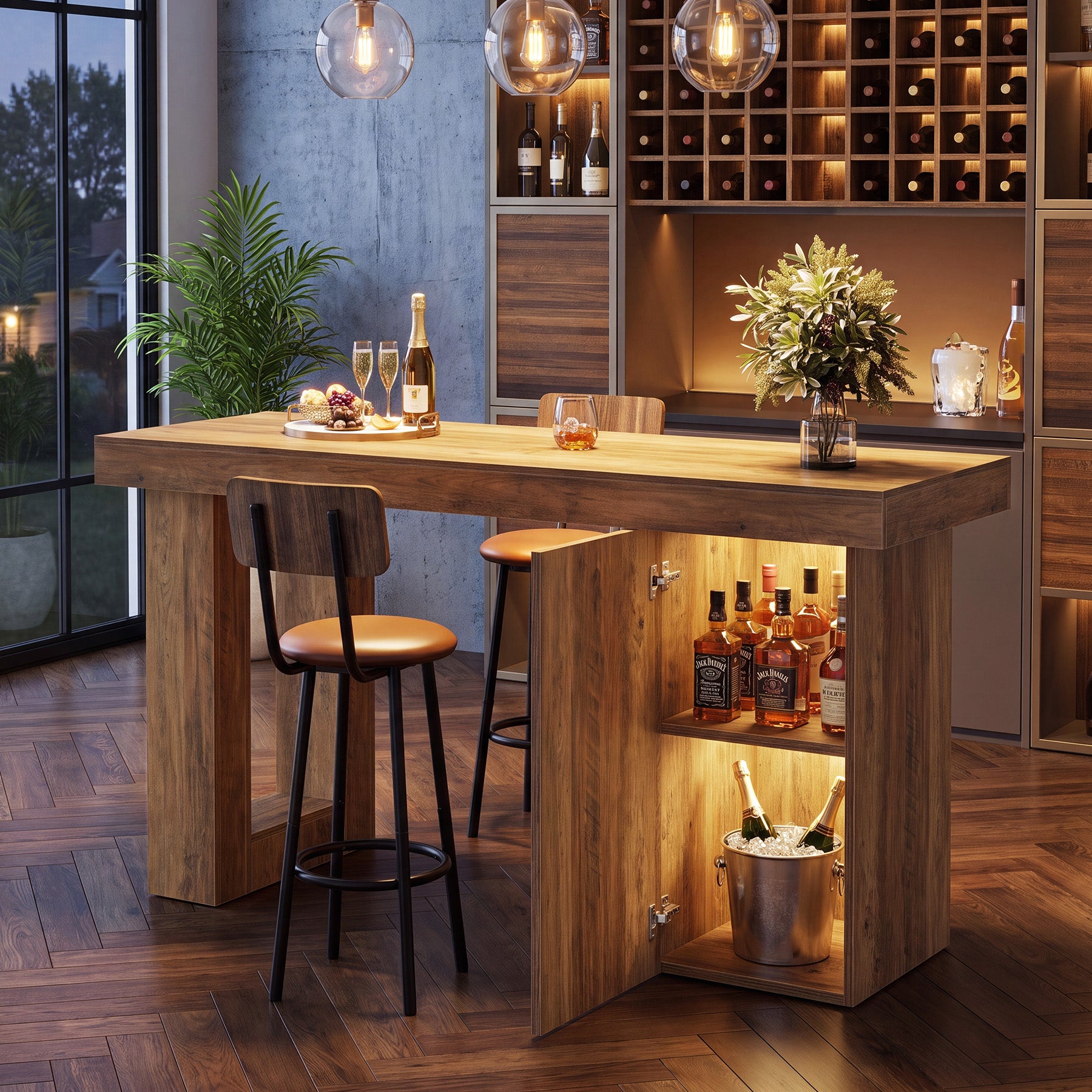 63" Bar Table with Storage Cabinet, Counter Height Pub Table Bar Unit for Dining Room, Bistro