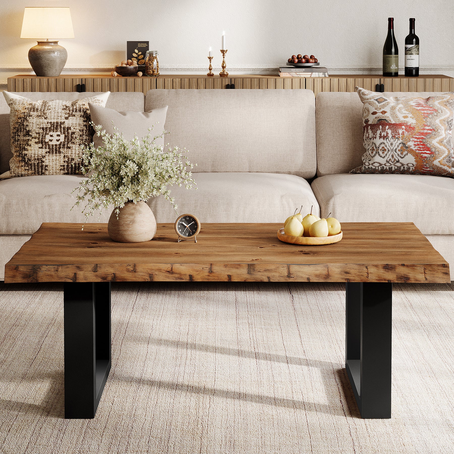 47" Solid Wood Coffee Table, Industrial Modern Center Table with Metal Base for Living Room