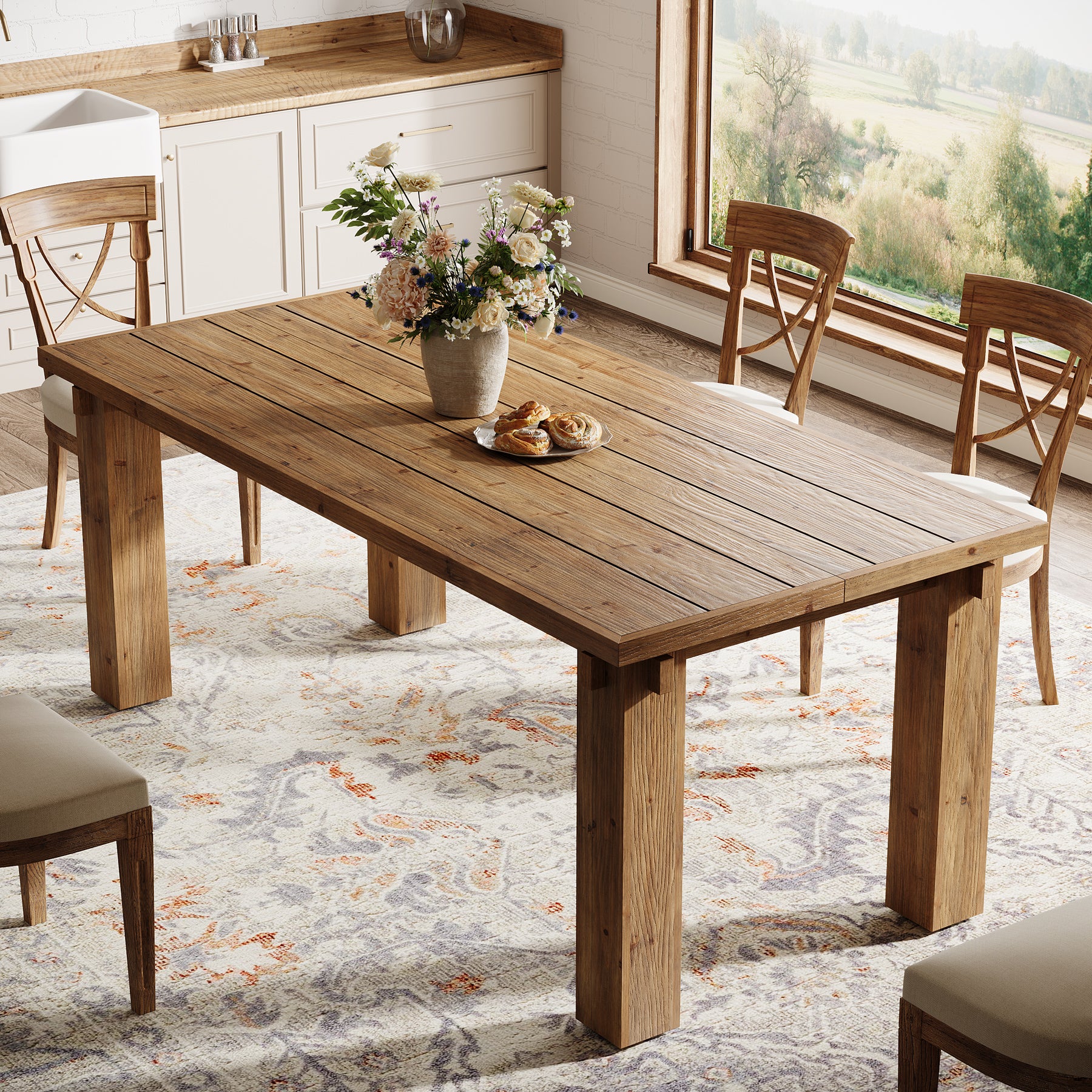 63" Solid Wood Dining Table for 4-6, Rectangular Kitchen Table with Sturdy Legs