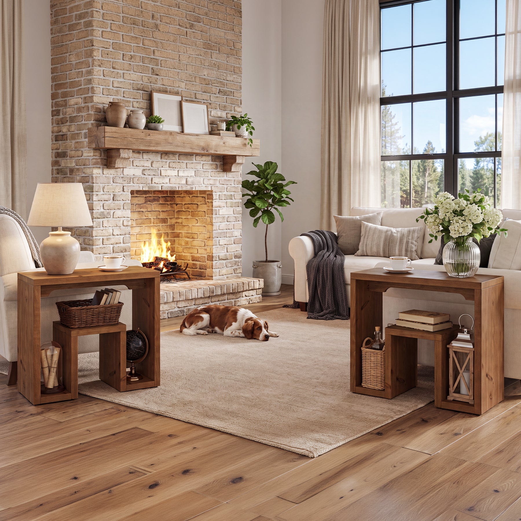 Solid Fir Wood End Table, U-Shaped Farmhouse Side Table Accent Table for Living Room