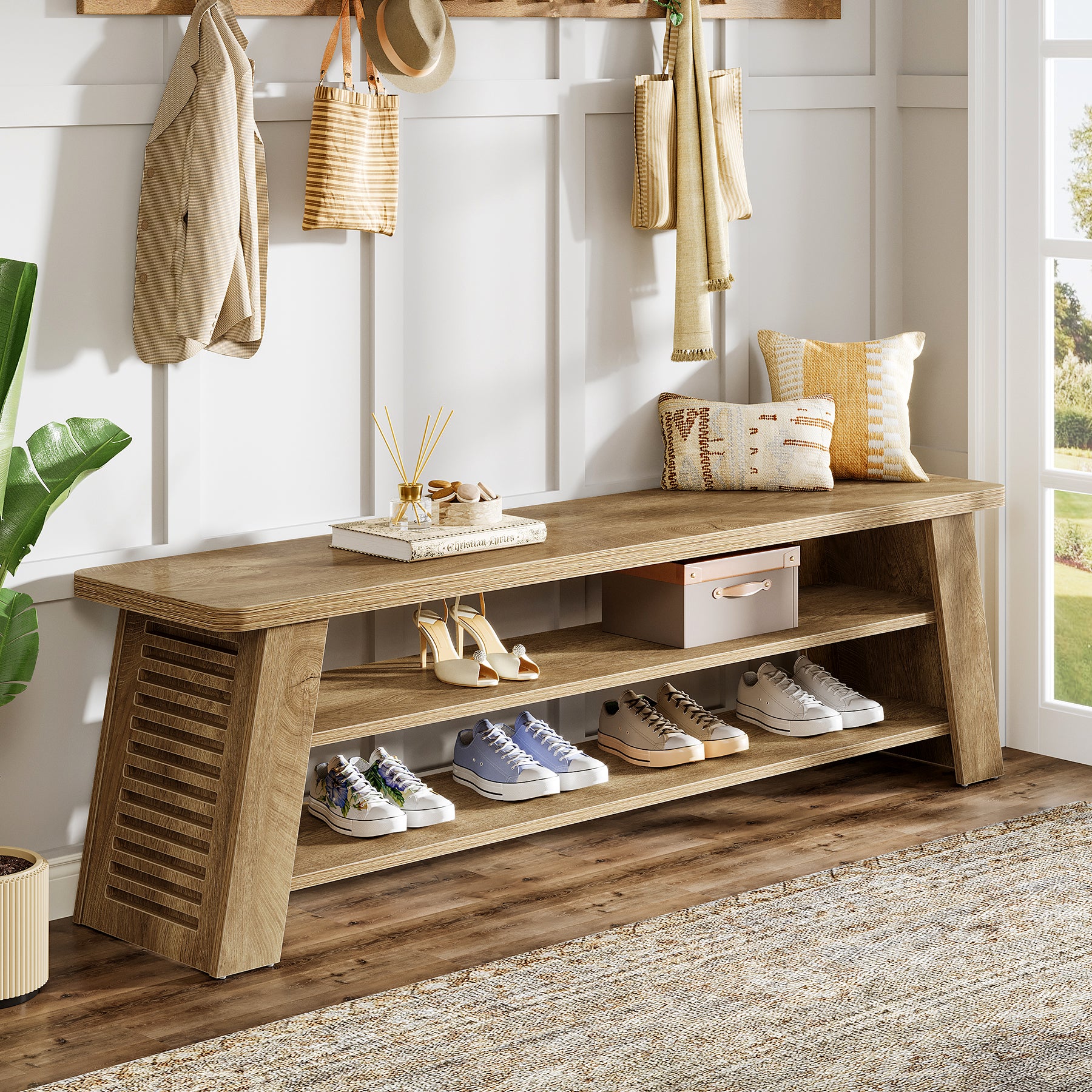 3-Tier Entryway Shoe Bench, 47" Dining Bench with Storage Shelves