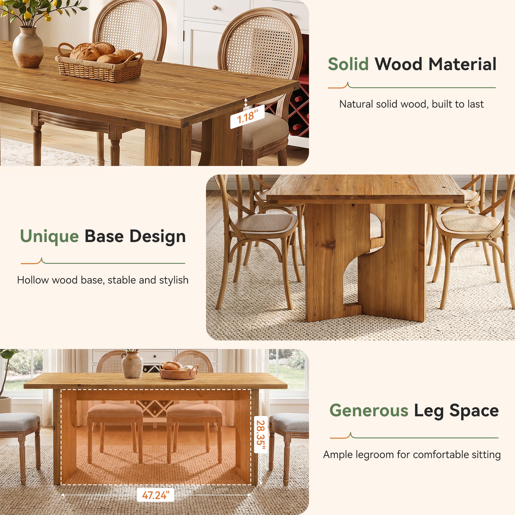 63" Solid Wood Dining Table for 4-6, Farmhouse Kitchen Table with Cutout Bases